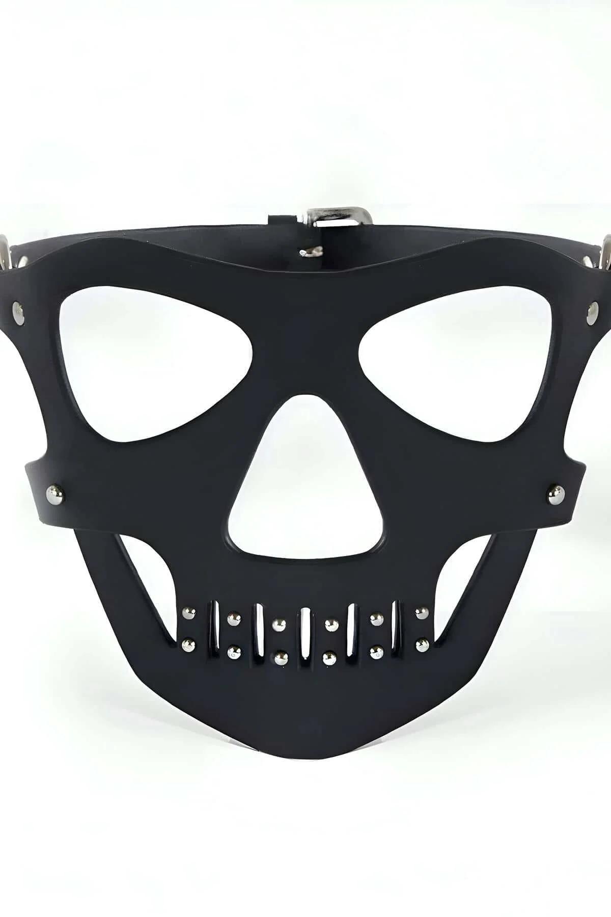 close-up of silver dome stud rows on jaw panel of black faux leather skull mask