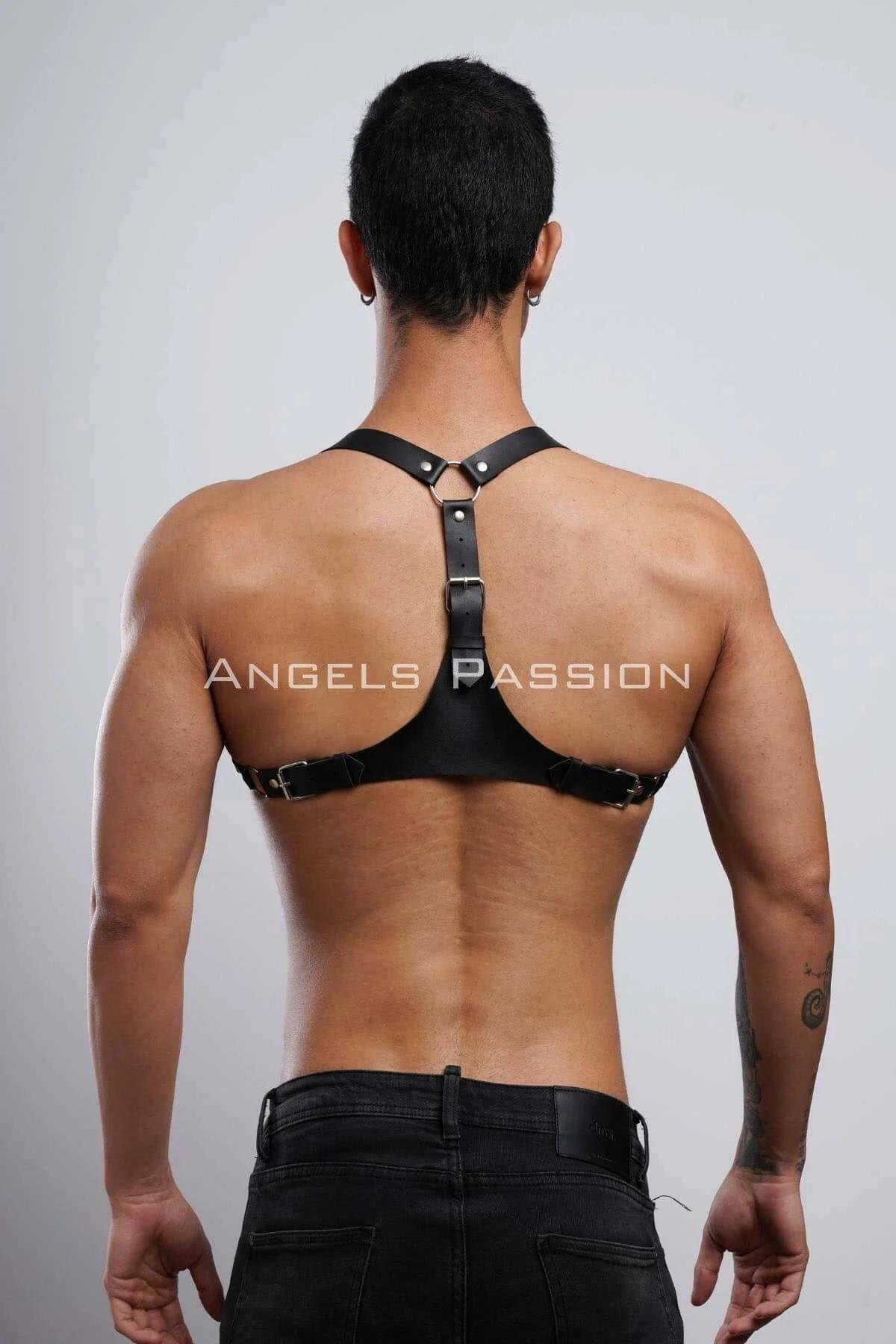 rear view of adjustable black PU leather chest harness showing minimal back strap construction