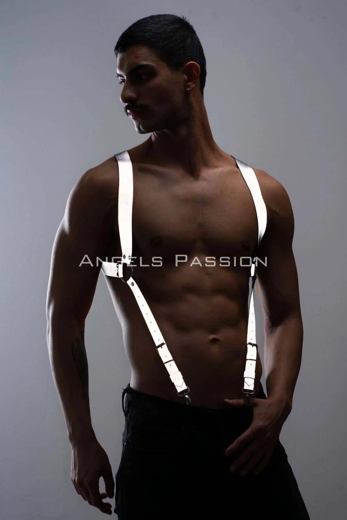 Adjustable white reflective suspenders with silver hardware, full-length front view