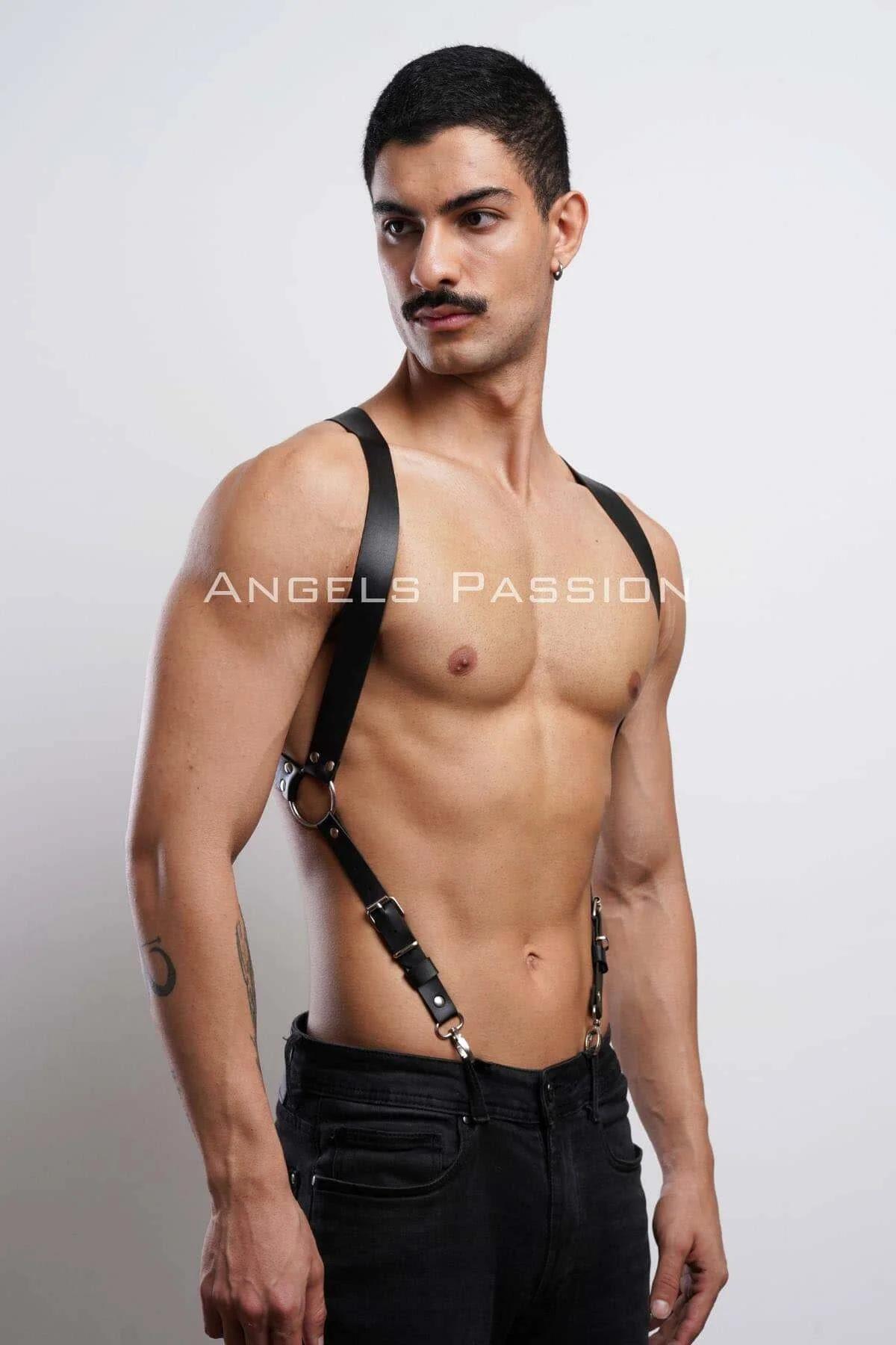Slim black strap mens harness with spring-loaded waistband clips close-up detail