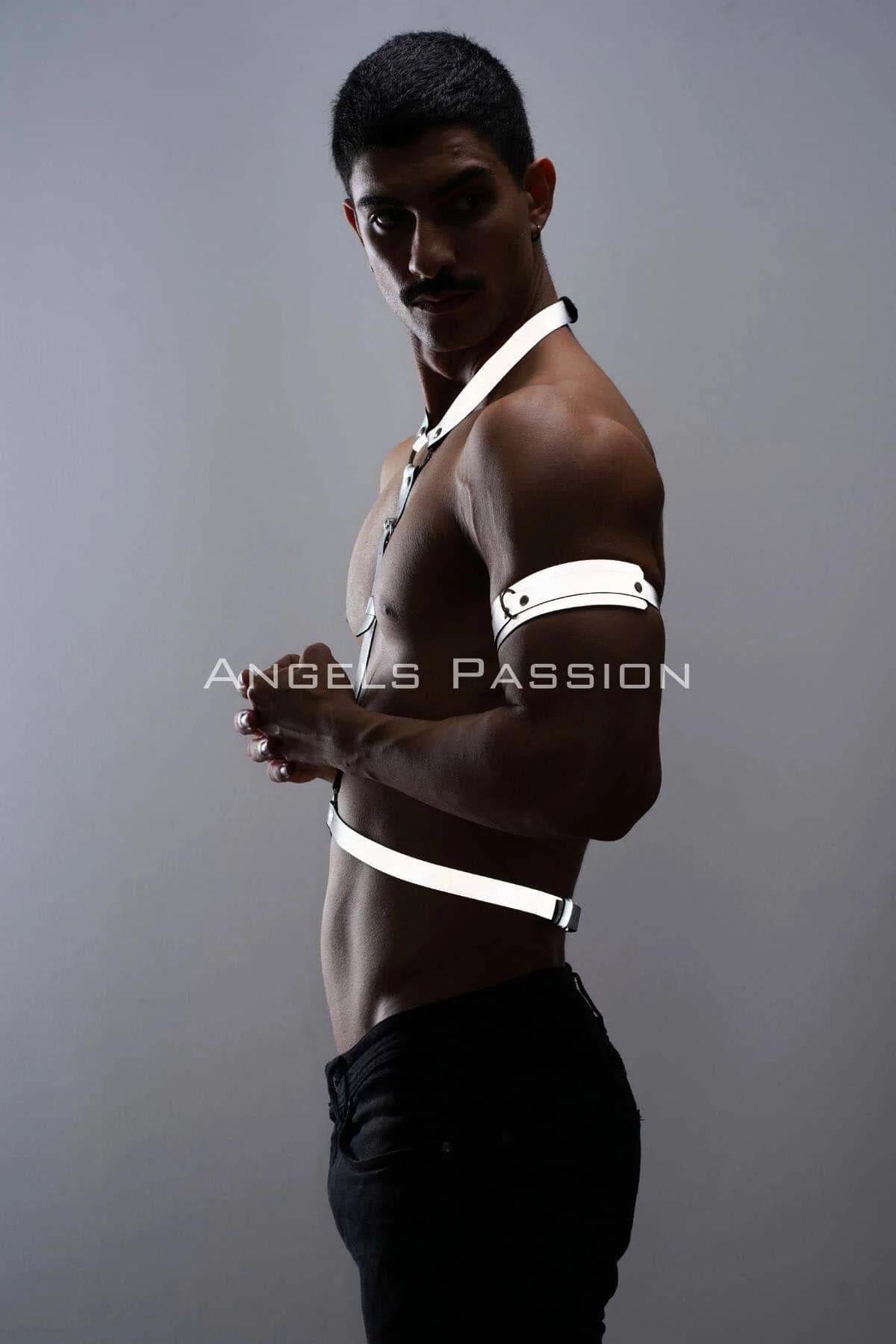 White reflective chest harness full-length view showing Y-shape strap layout and waistband detail