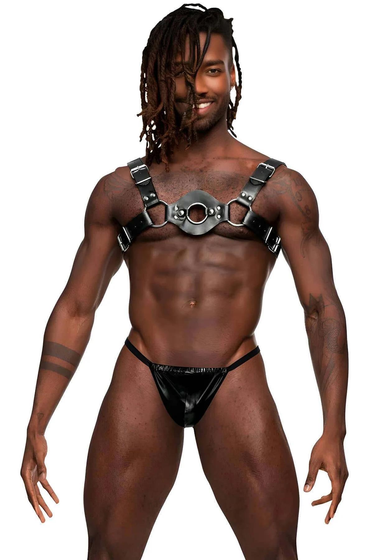 Side view of black chest harness showing open-torso silhouette and flat 2 cm shoulder straps