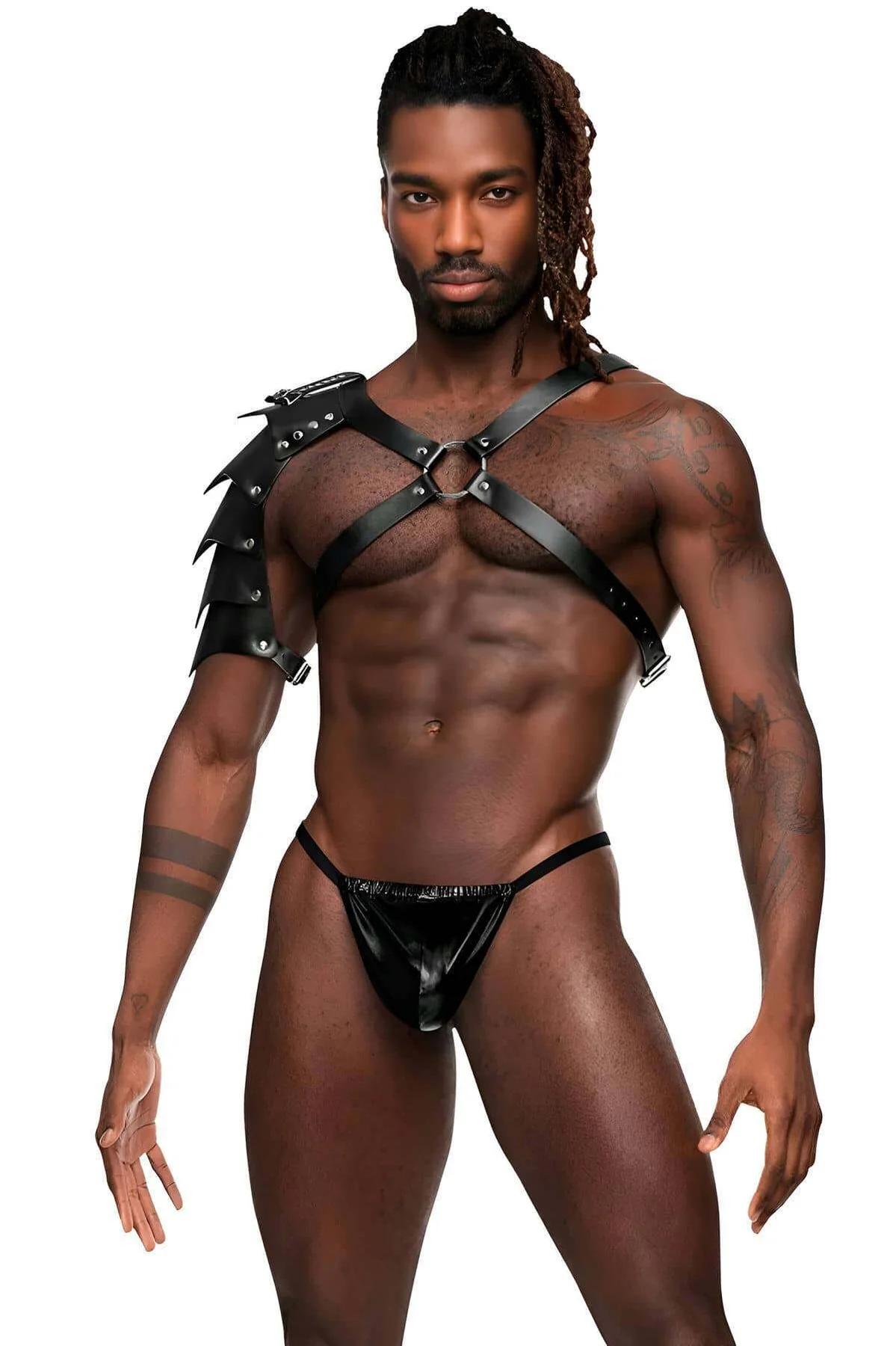 Front view of black O-ring chest strap harness showing 2 cm wide crossing straps and silver buckle