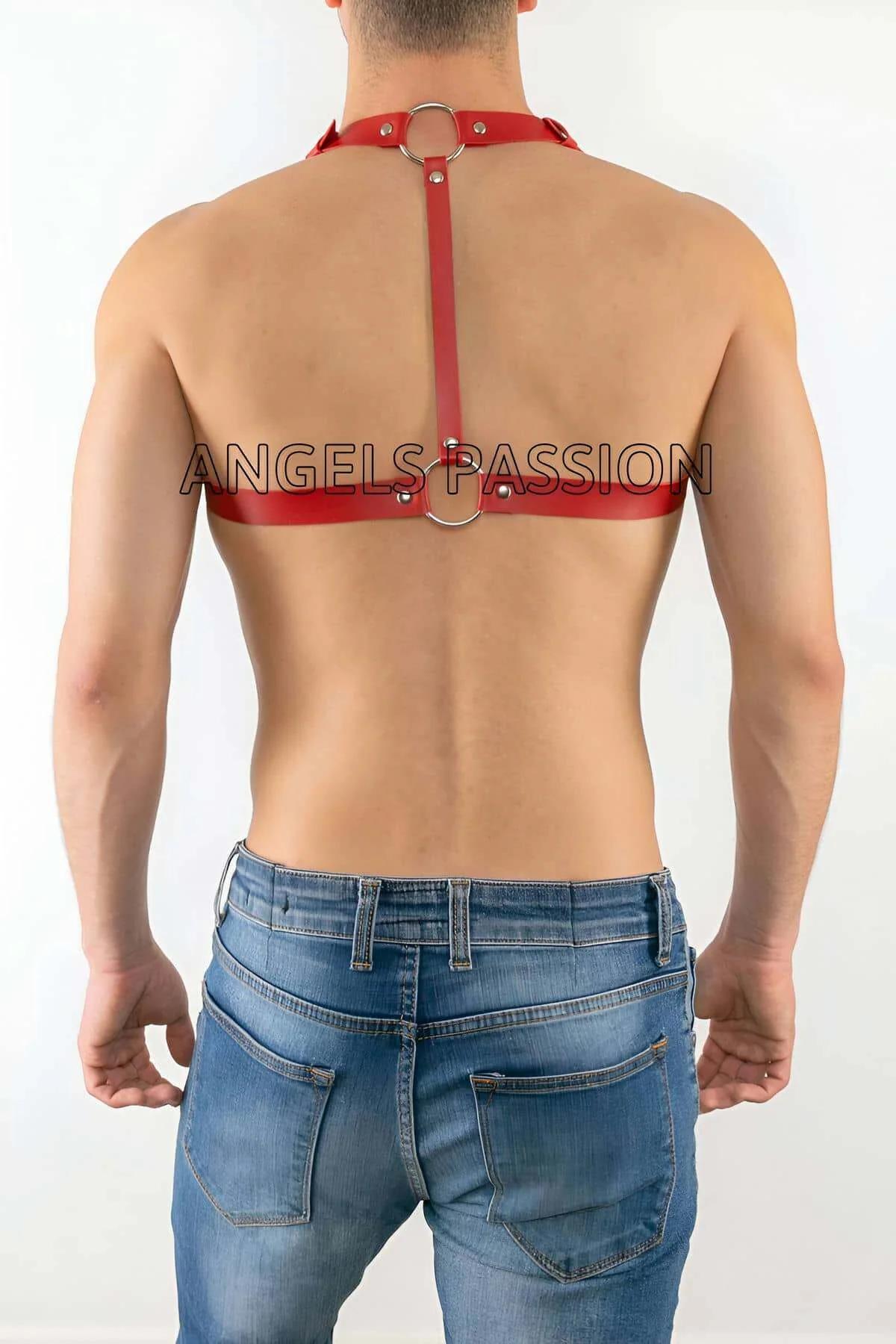 red chest harness adjustable center band buckle front view on torso