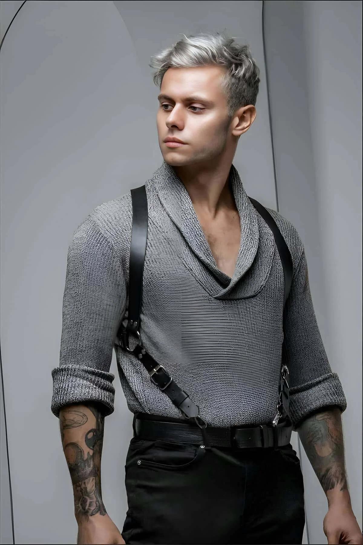 black faux leather mens chest harness X-cross strap design with dark metal buckle clasps worn over grey knit sweater