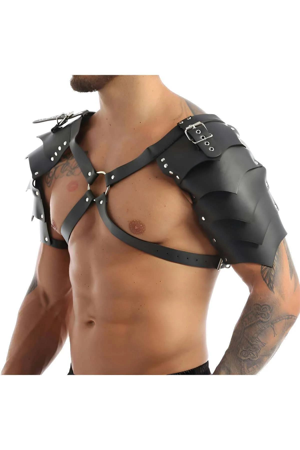 Silver O-ring chest connector detail on black faux leather shoulder harness with 3 cm wide matte straps