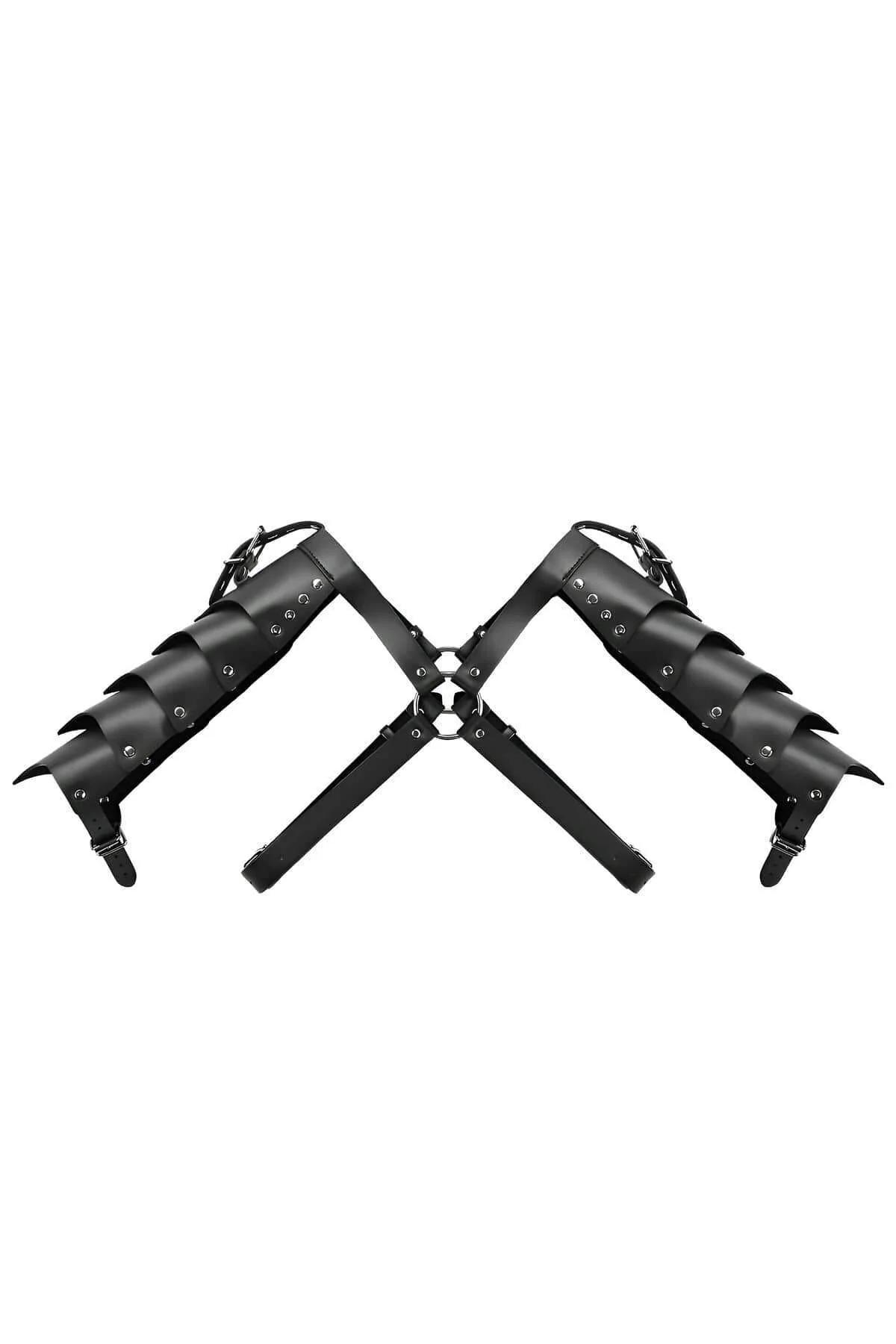 Side view of black faux leather gladiator shoulder harness showing chest and waist band fit on male torso