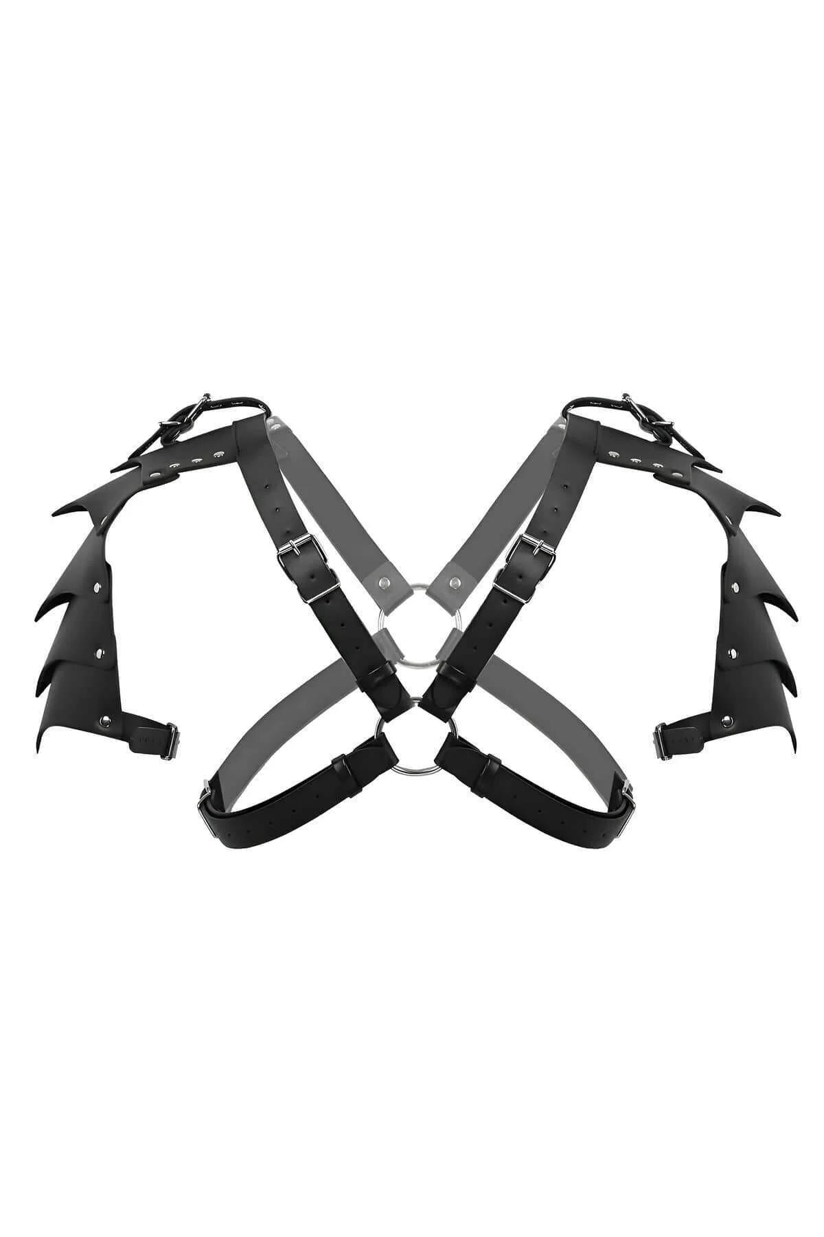 Back view of black faux leather shoulder armor harness with silver roller-bar buckle adjusters at shoulder tops