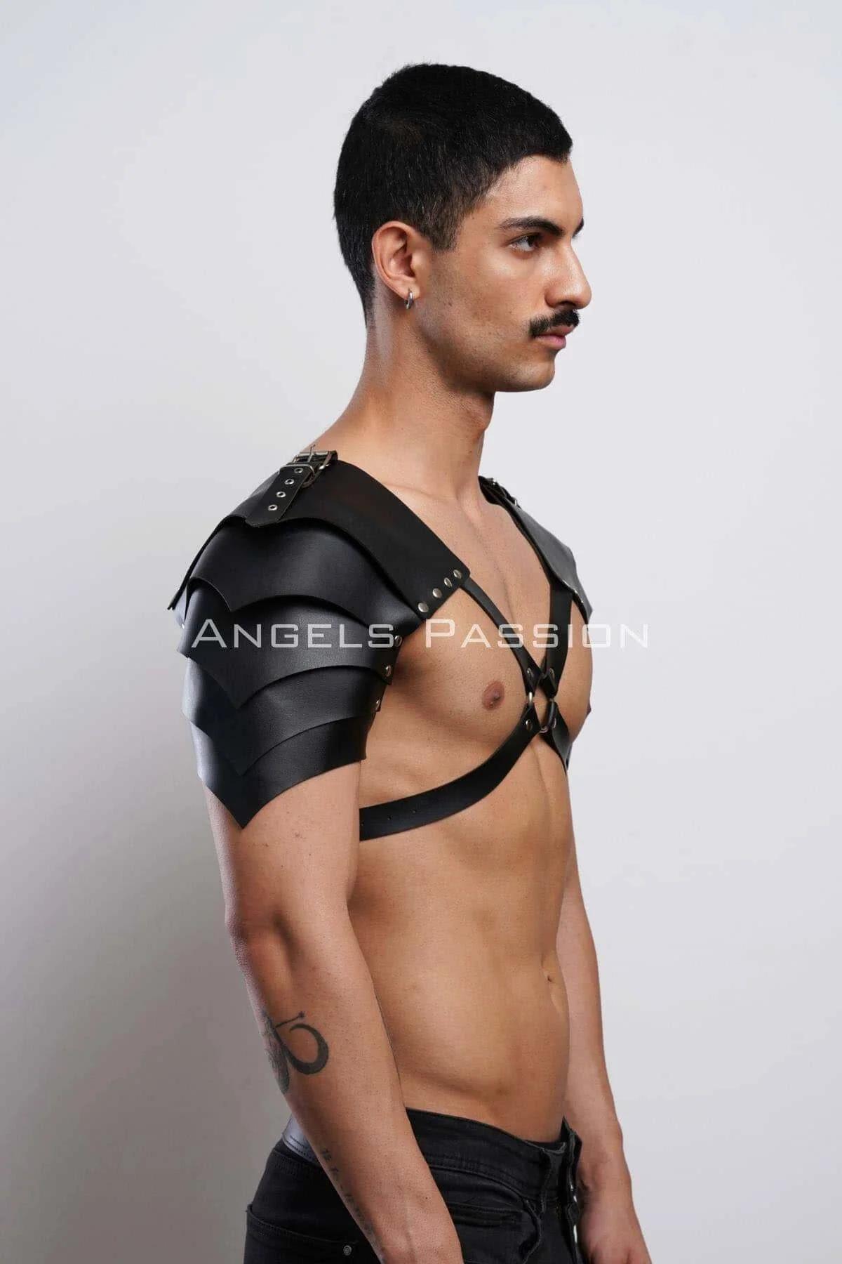 Full front view of black matte faux leather gladiator shoulder armor harness with cross-chest strap configuration
