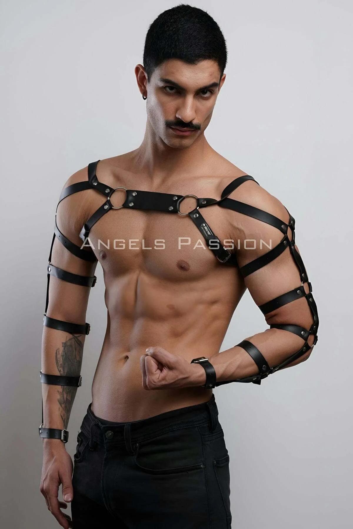 side view of black PU faux leather arm bands with individual silver roller buckles from shoulder to wrist