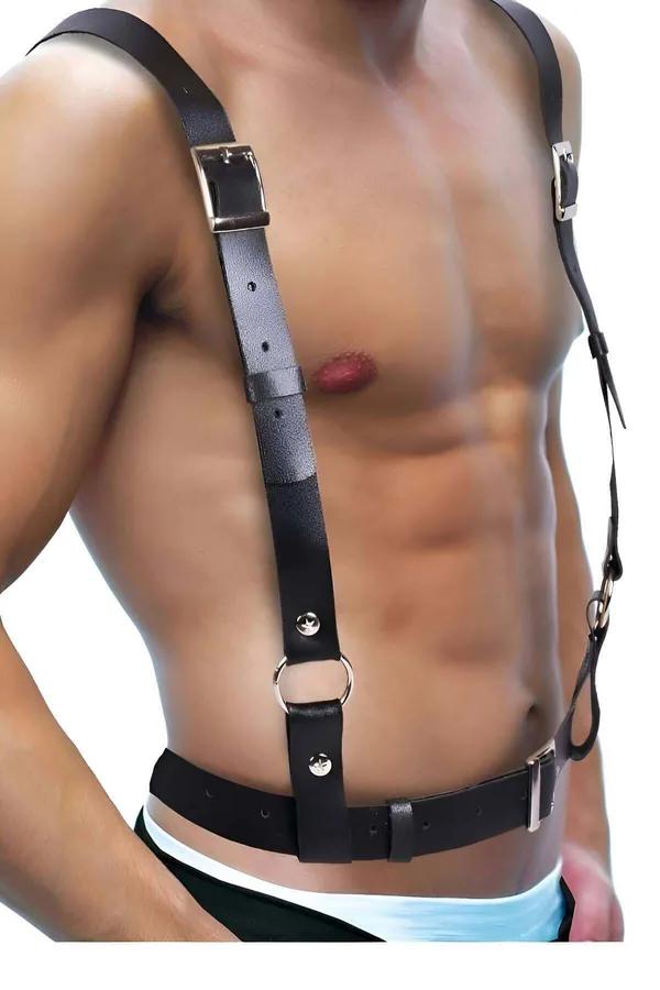 Black faux leather chest harness with silver O-ring at sternum and four adjustable rectangular buckles on male torso