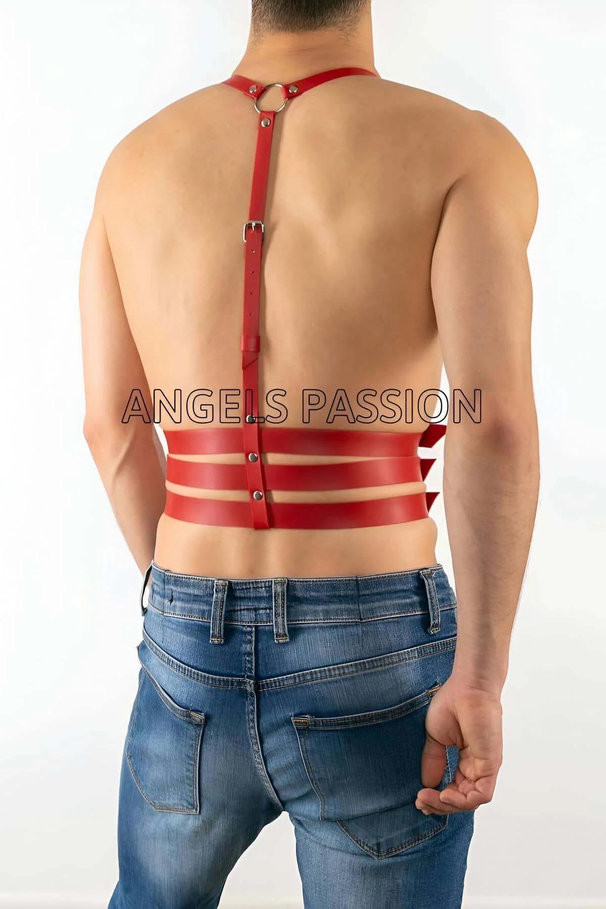red vegan leather chest harness side view showing adjustable shoulder and waist straps
