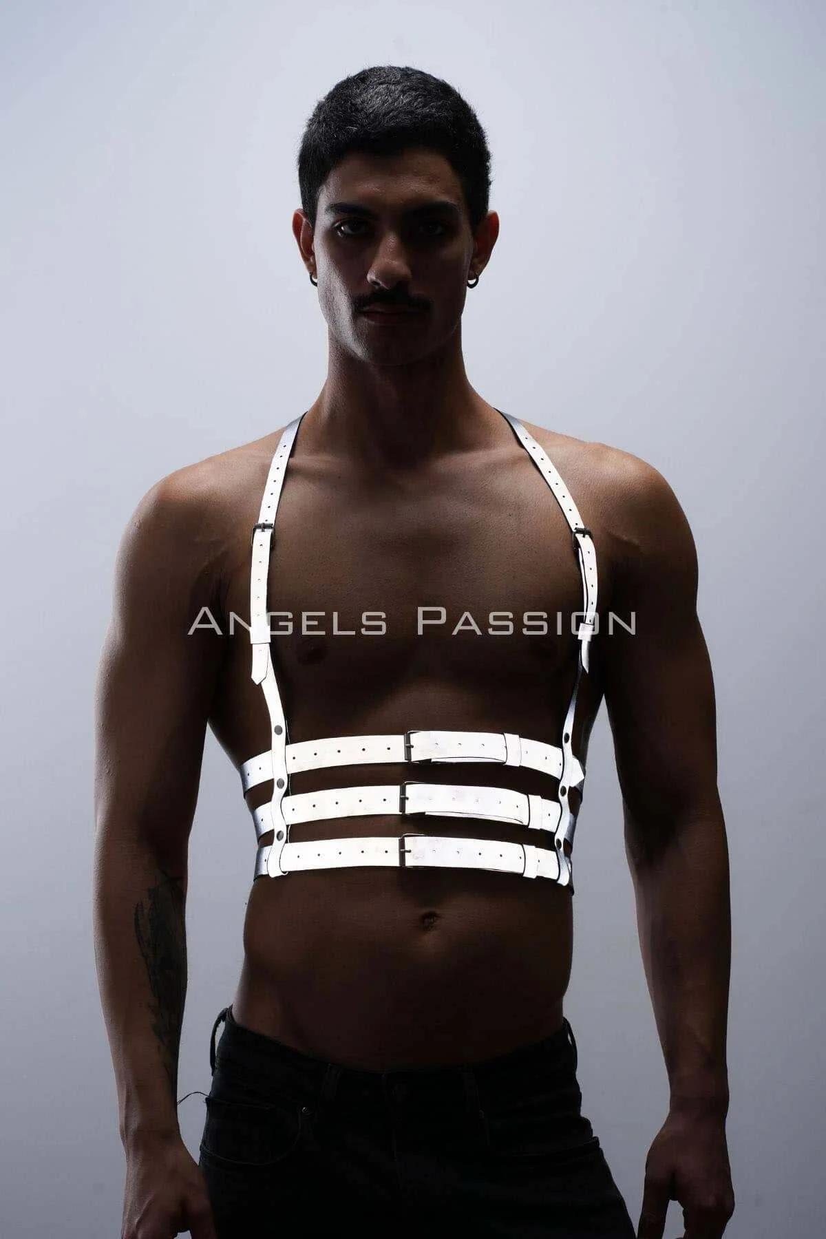 White reflective synthetic strap harness three-band front view dark zinc-alloy buckle hardware detail