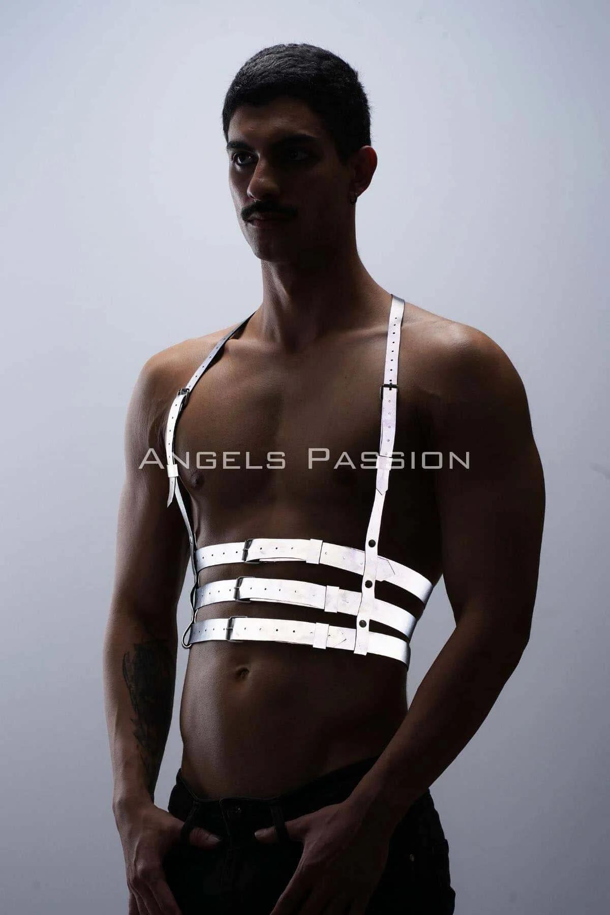 Reflective white multi-band chest harness neck strap detail and lower band adjustment close-up