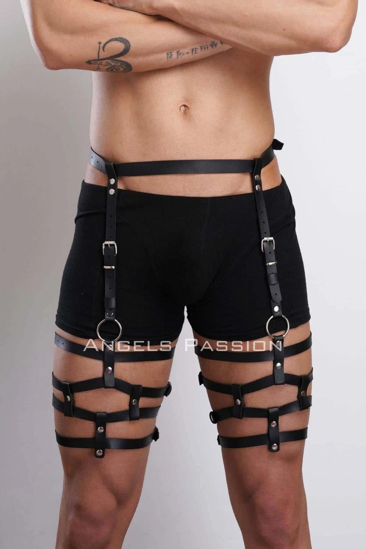 black multi-band leg harness worn with black shorts showing full thigh cage and waist belt