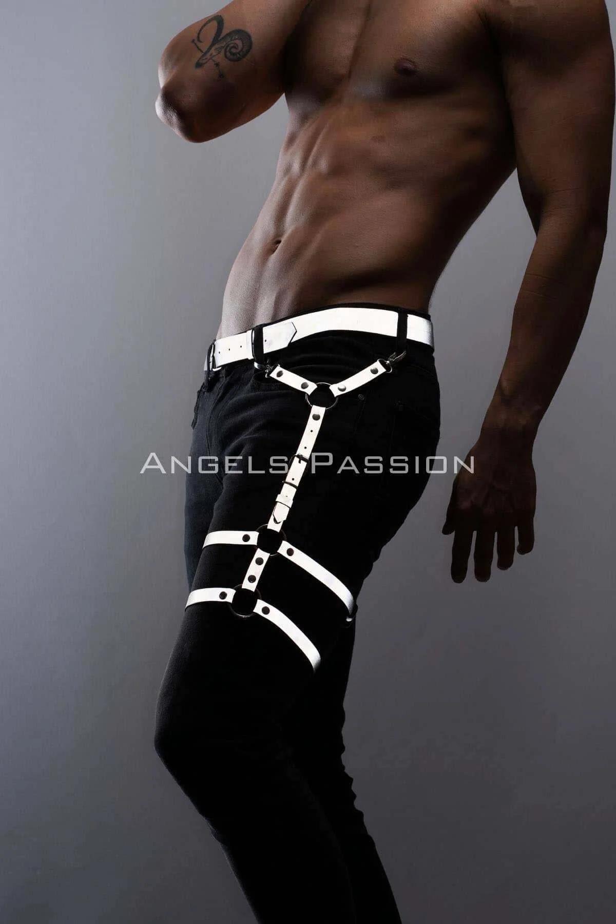 White festival leg harness with silver zinc alloy buckles, flat strap detail shot