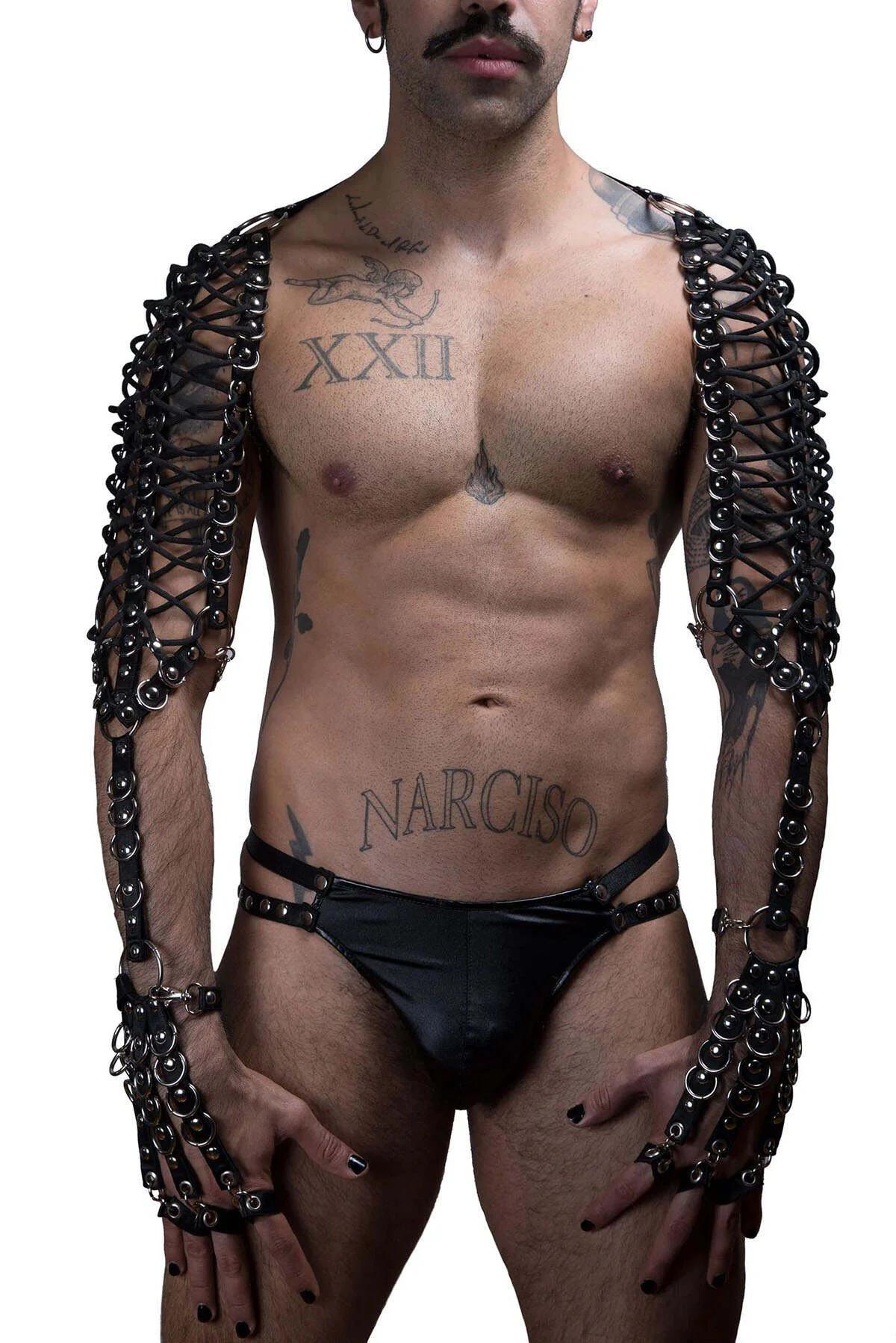 Front view of black arm harness chest connector strap linking both arm sections at shoulder