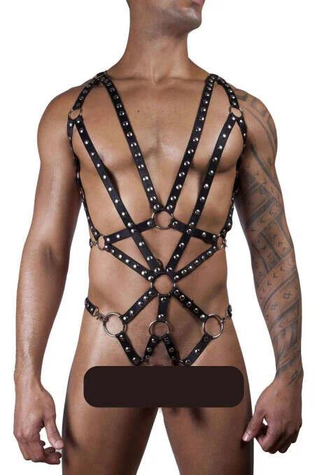 close-up of silver dome studs on black faux leather harness straps with 3 cm O-ring detail