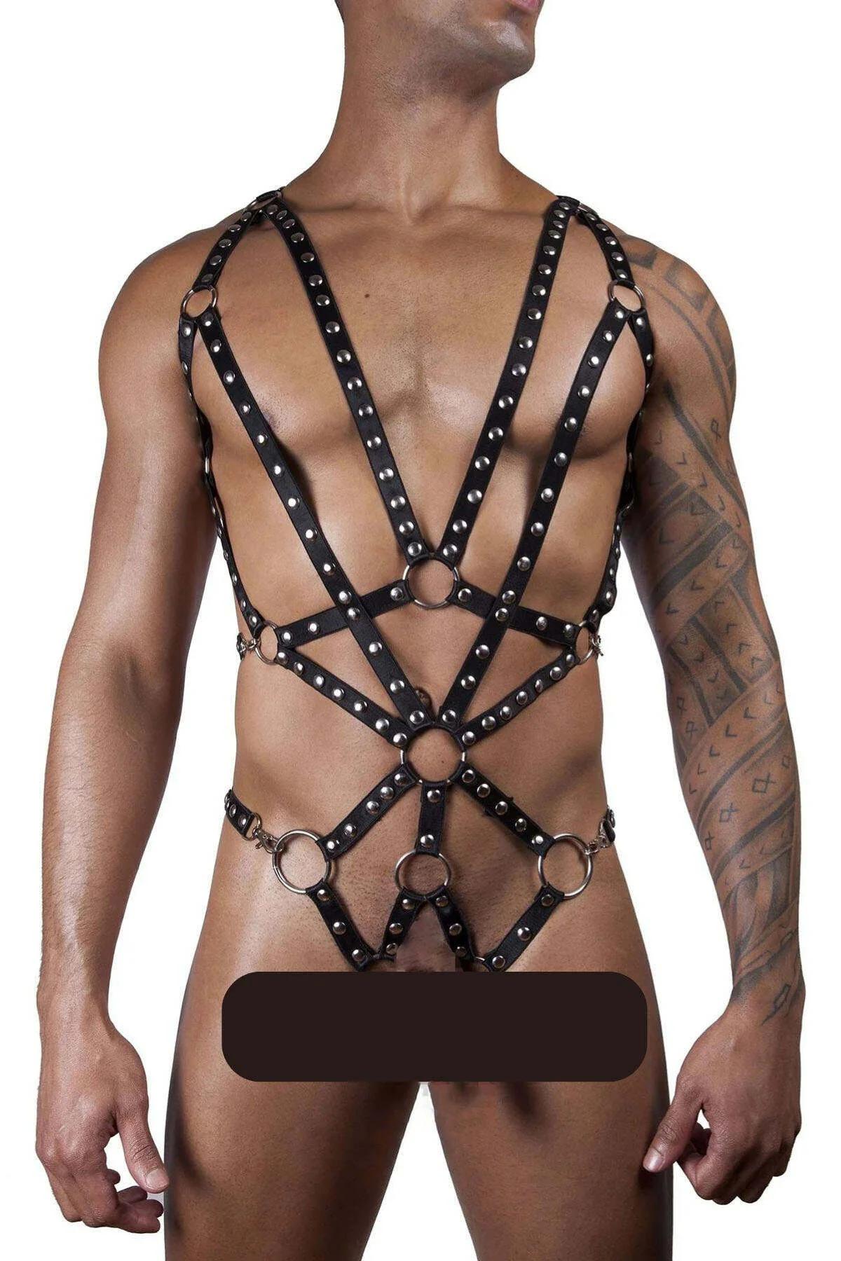 back view of black studded full body harness showing shoulder and hip strap configuration