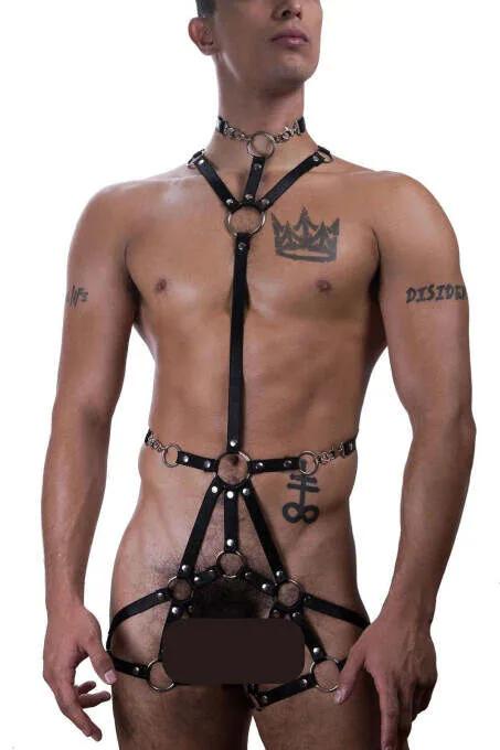 Black faux leather full body harness with silver O-rings and chain collar on male model