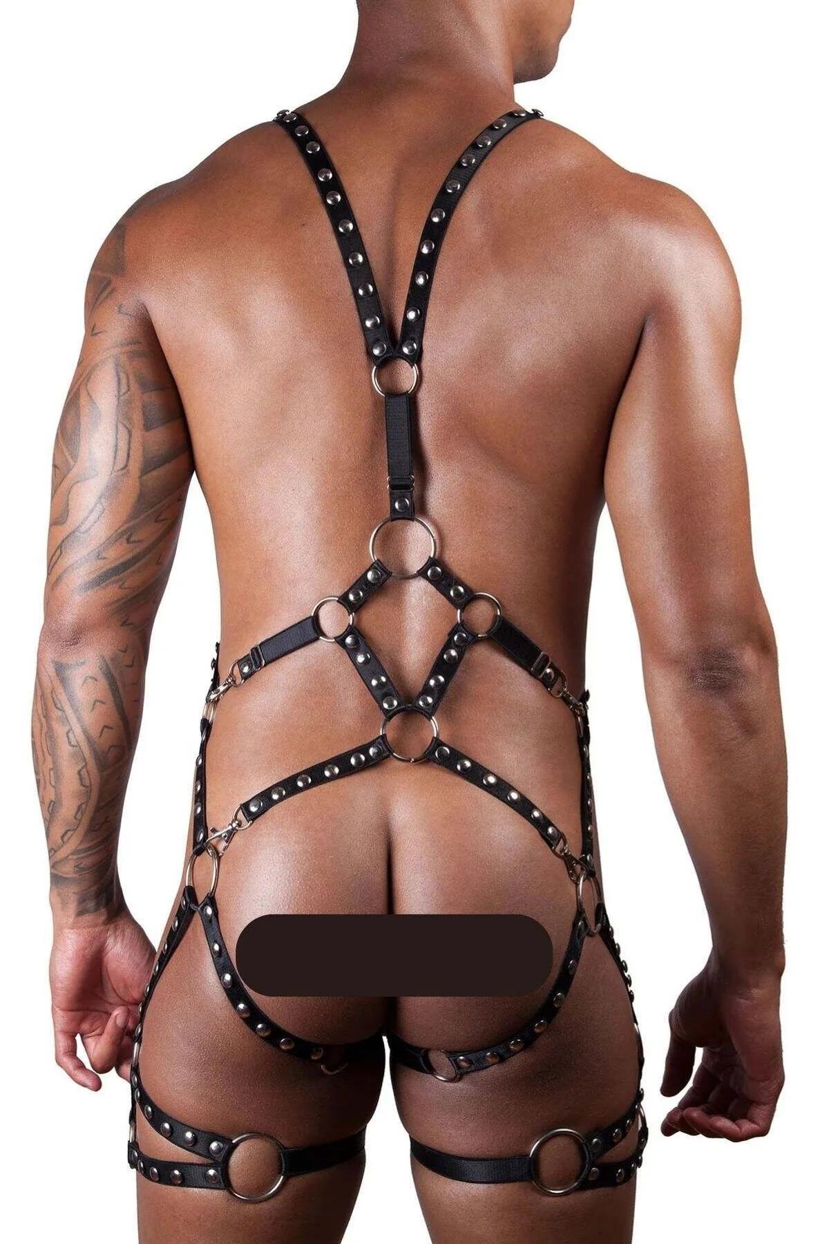 shoulder and chest section of black PU leather full body harness with silver buckle sliders and studs
