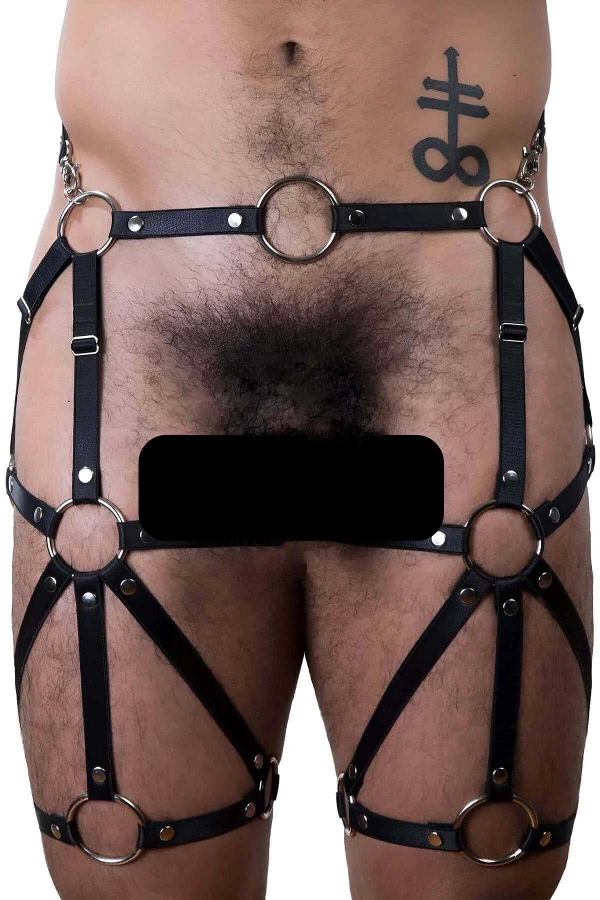 gold-tone O-ring detail on black PU leather harness strap crossing with silver rivet hardware