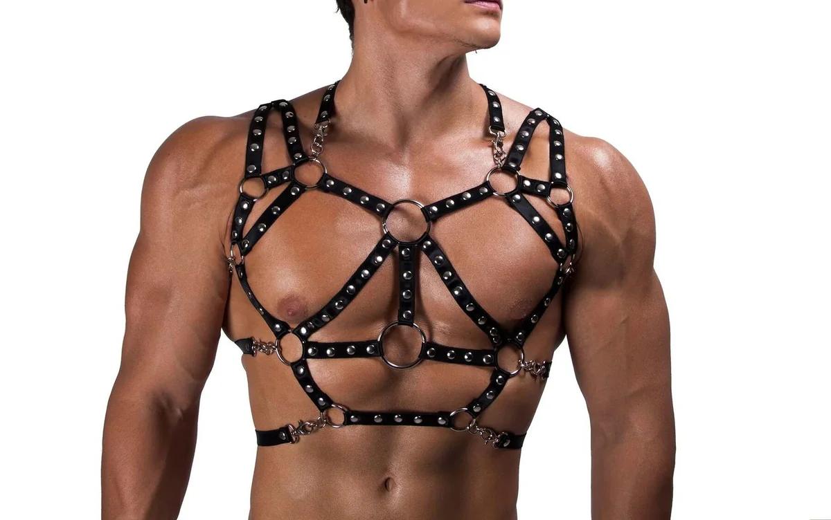 Full chest view of studded black harness with lower sternum O-ring and rib-cage band