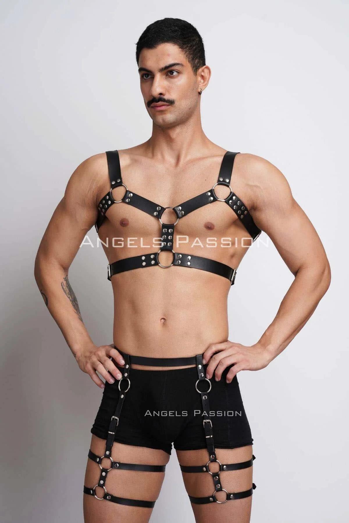 adjustable black faux leather body harness set full front view on male model