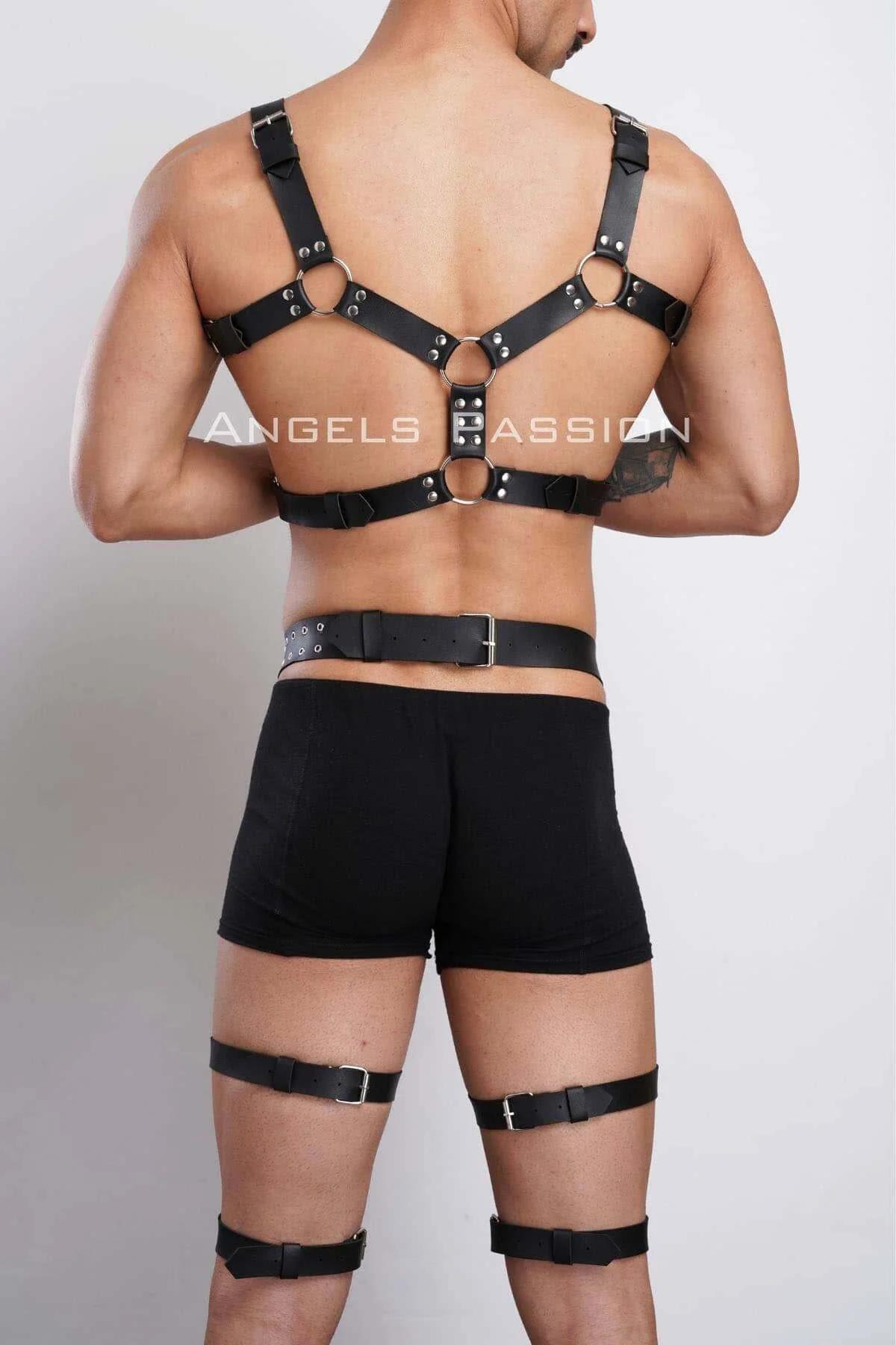 black PU leather leg harness with four adjustable thigh bands and silver buckles
