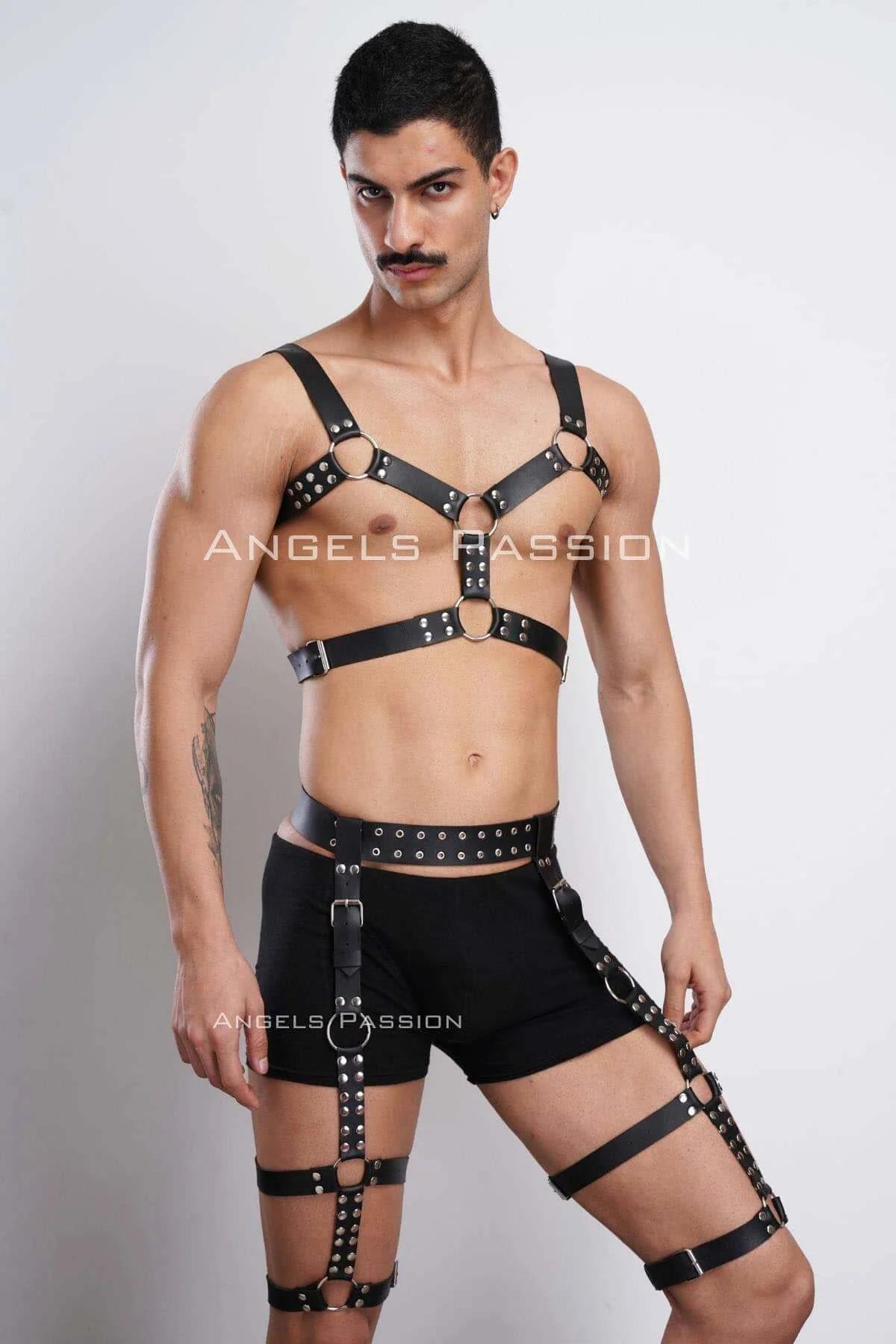 front view of two-piece black harness set worn over black shorts showing full strap configuration