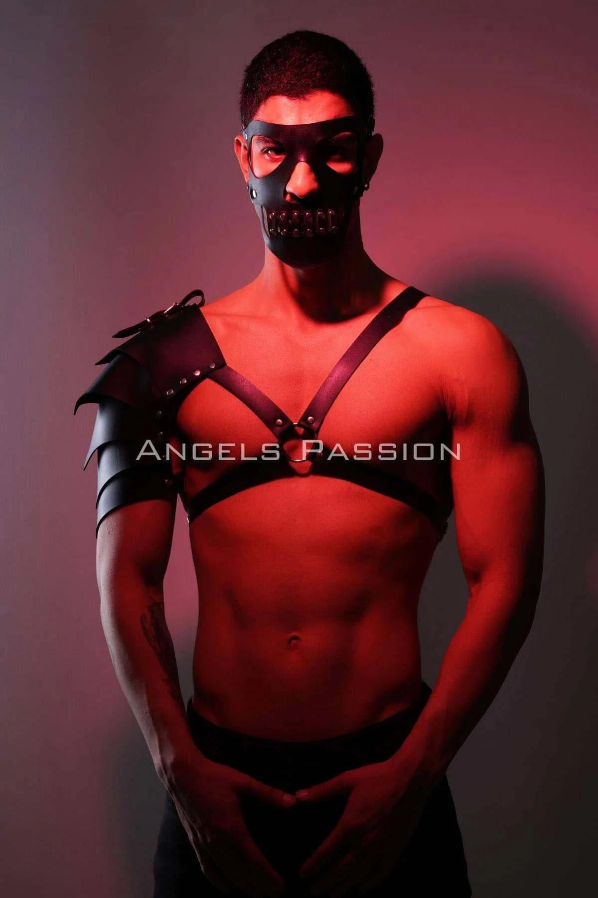 single shoulder armor harness and mask set worn together full torso front view black