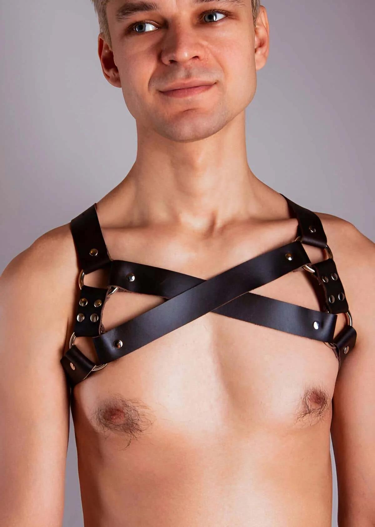 black chest harness horizontal band with silver side buckles across upper chest