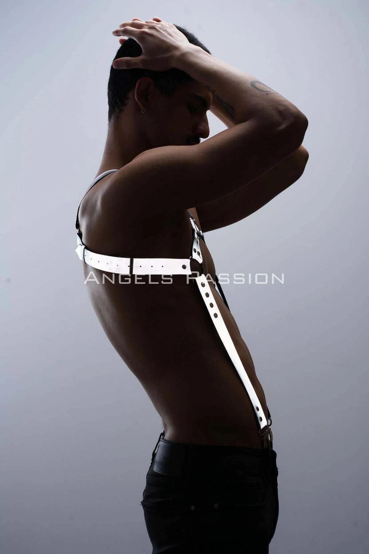 Back view of white reflective chest harness shoulder straps showing Y-frame strap configuration