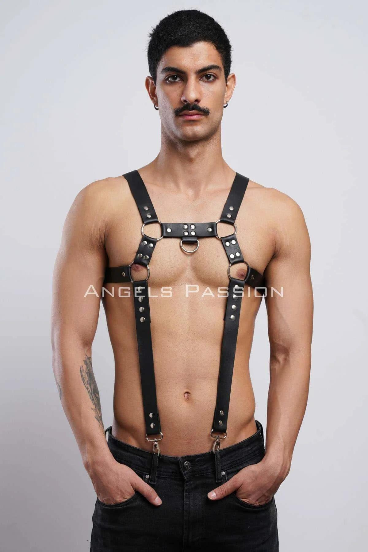 matte black pu leather chest harness silver rivet detail close-up front view