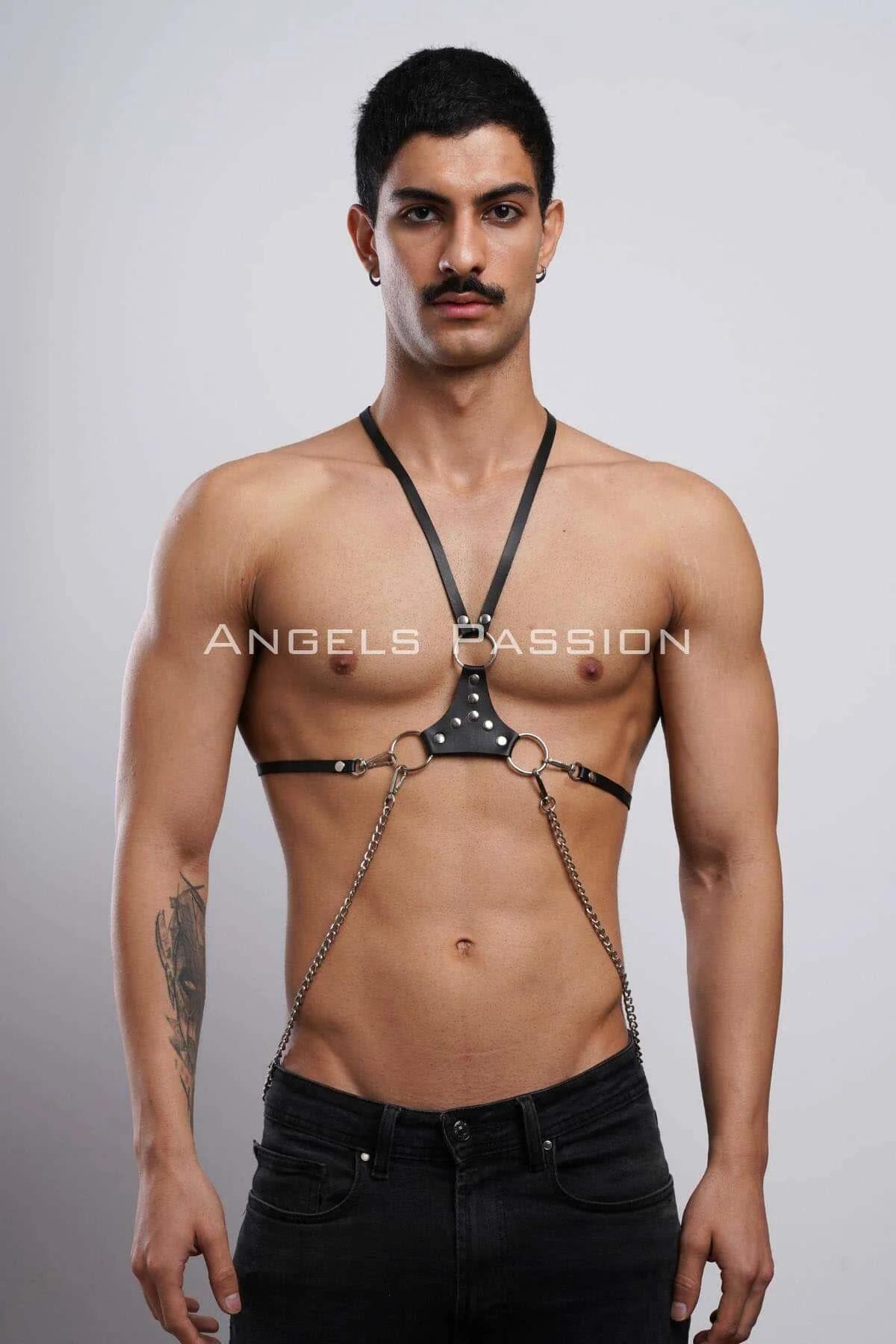 close-up of triangular silver rivet connector panel on black faux leather chest harness