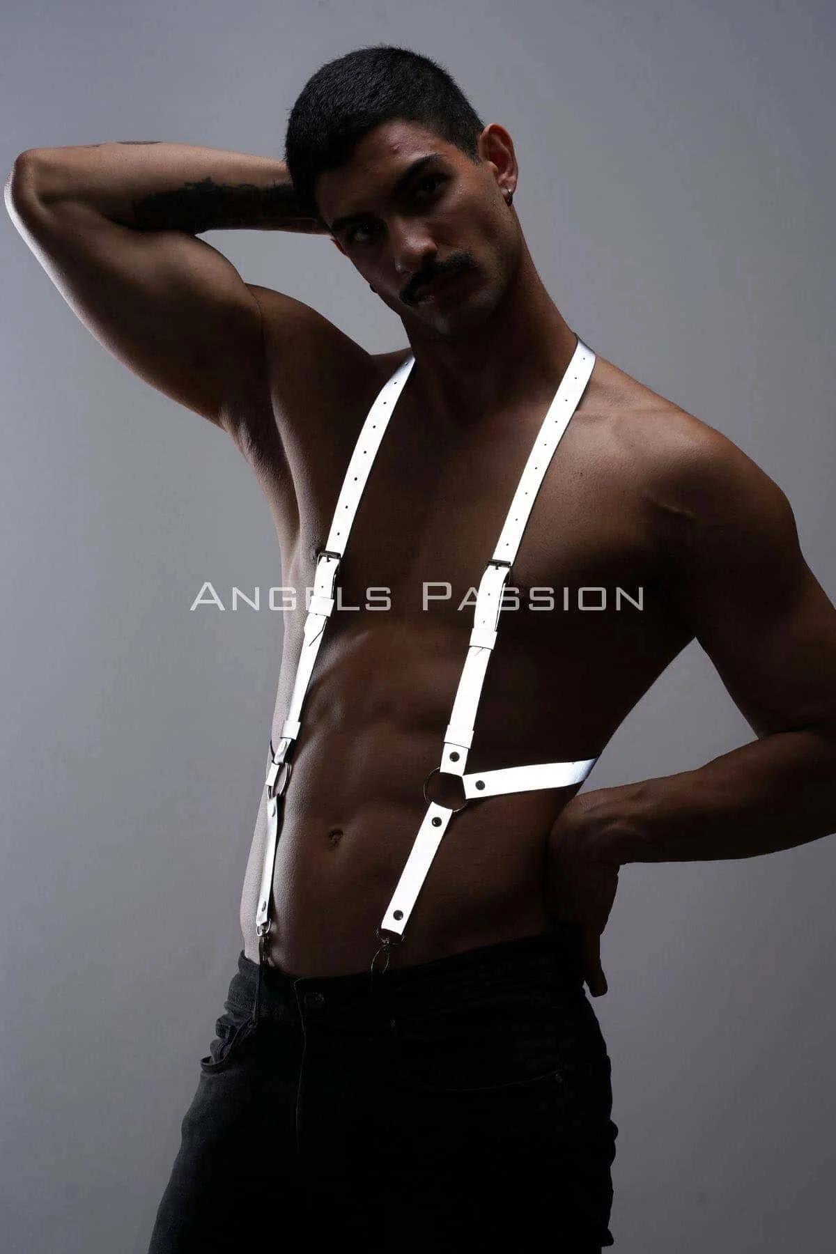 Side angle of white reflective chest harness showing open torso design and strap width