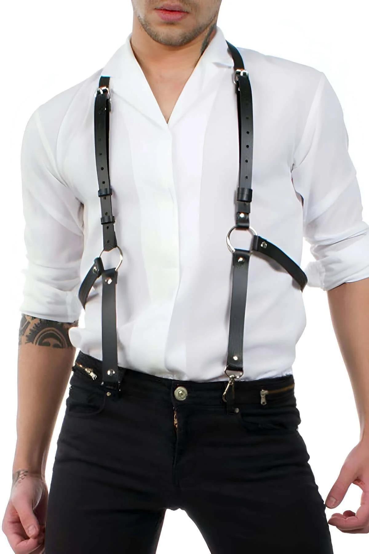 Faux leather men's harness silver O-ring close-up showing strap convergence at chest