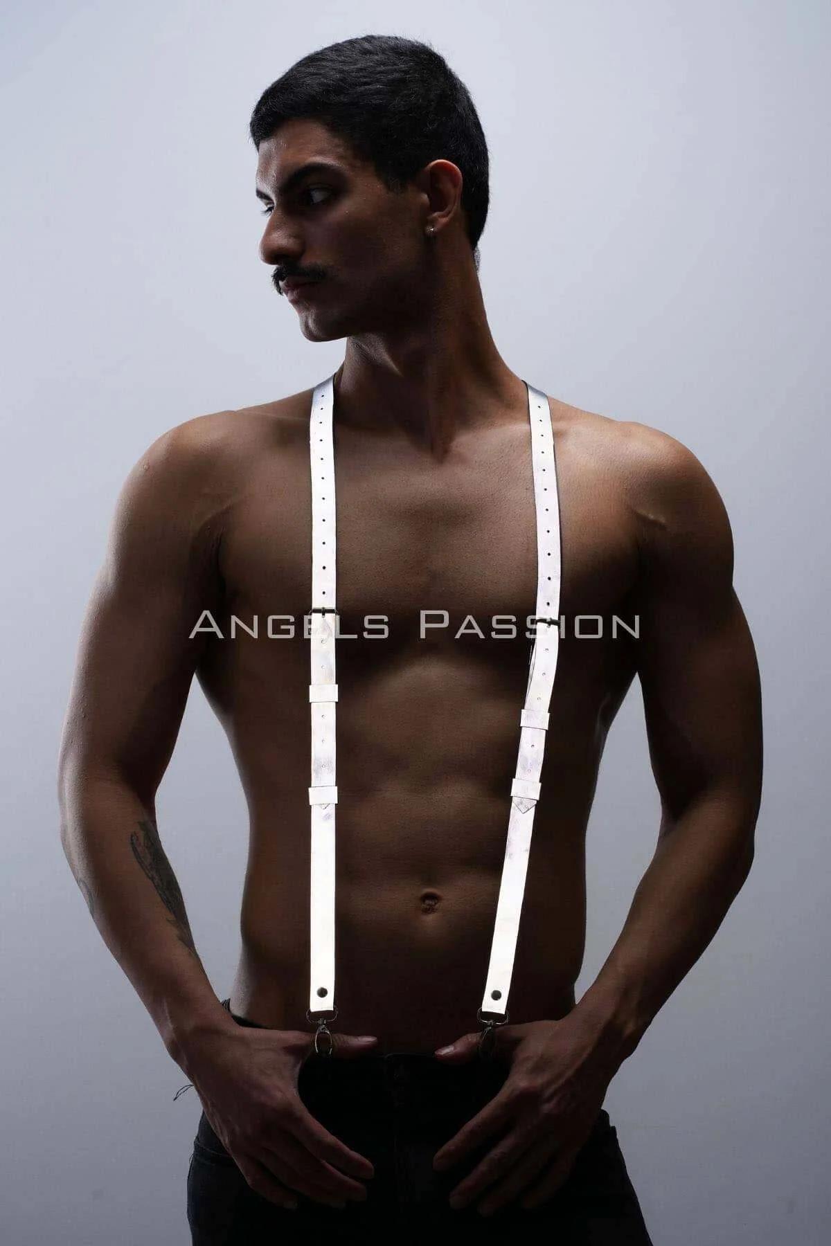 Y-configuration white suspender harness showing sternum junction and strap adjustment perforations