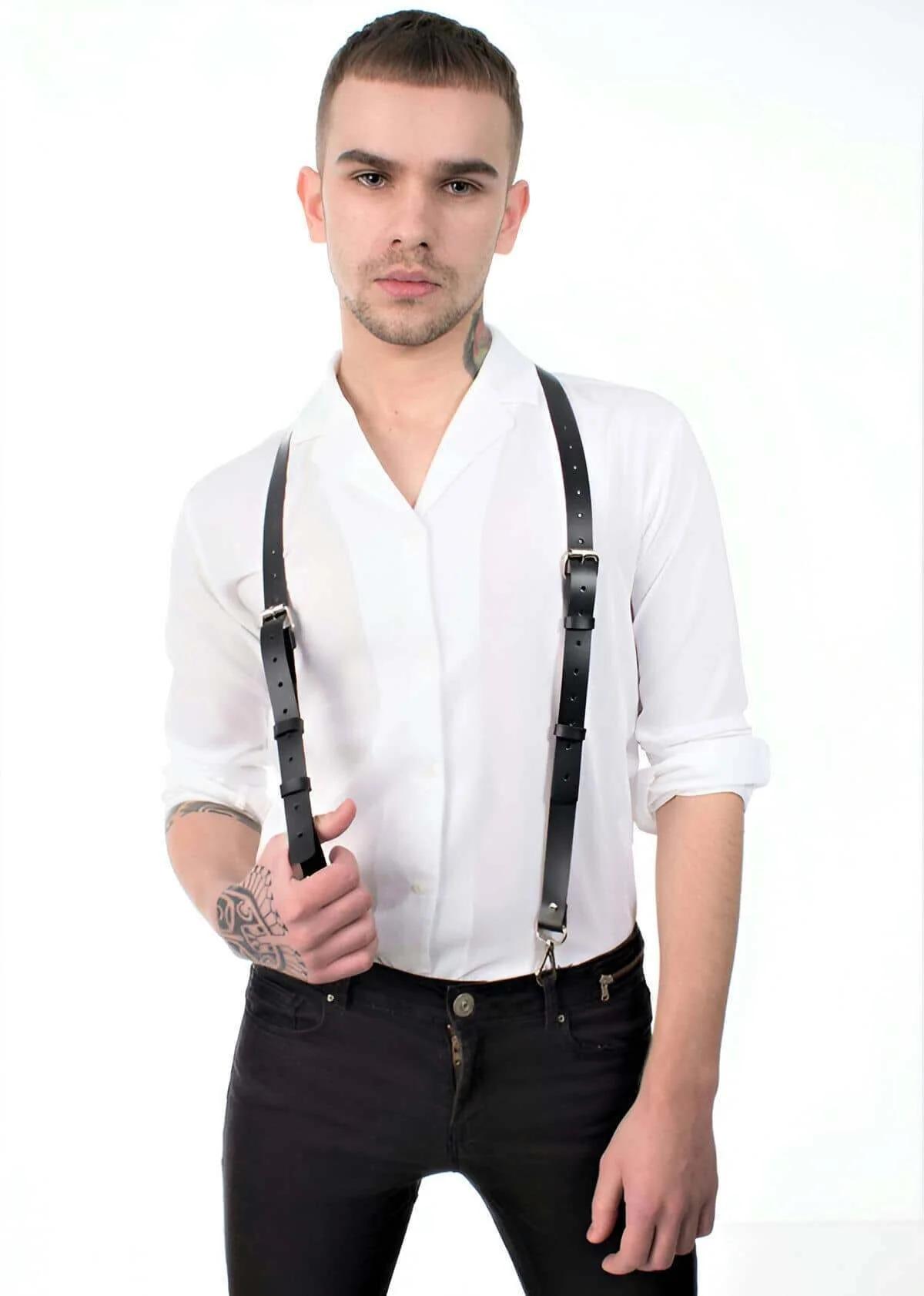 slim black PU strap Y-back harness gold stud junction detail at upper spine