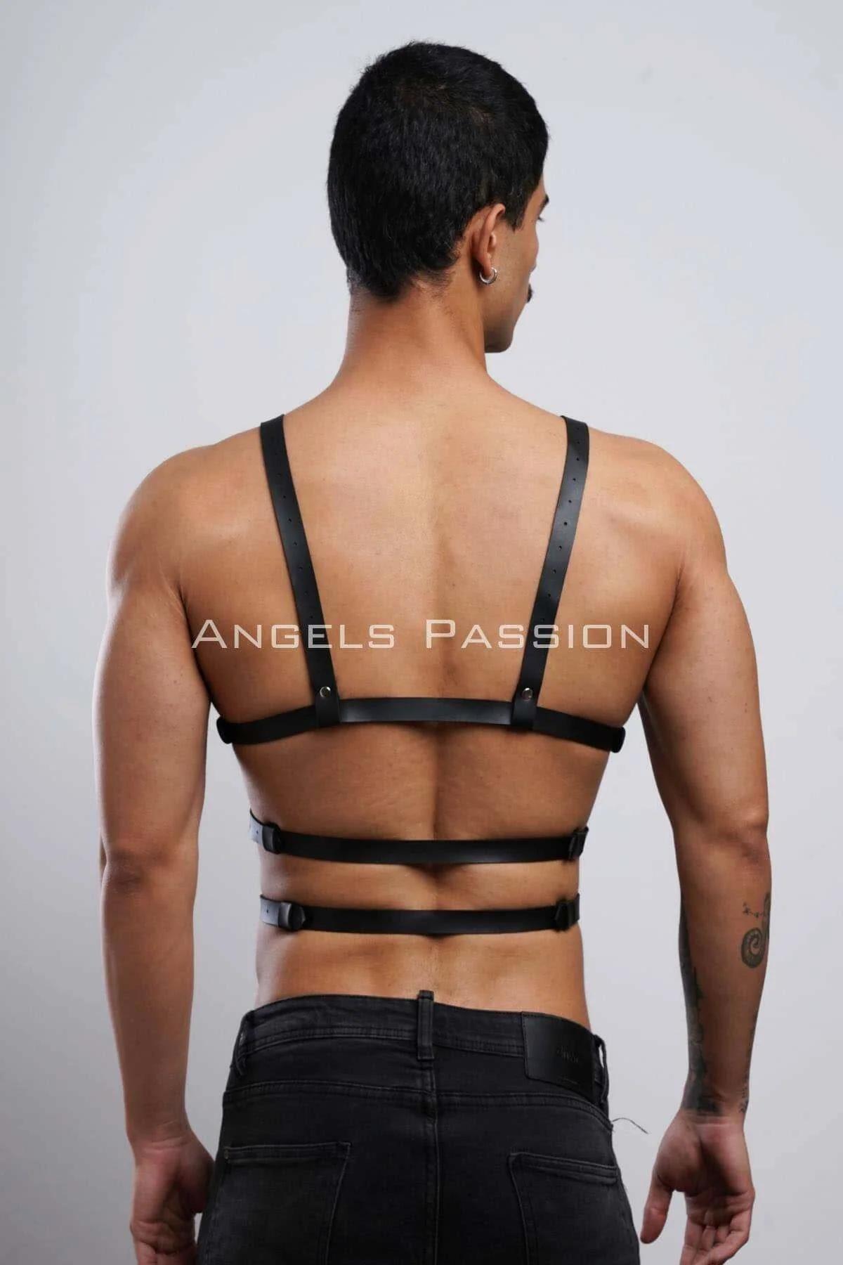 black mens chest harness grid strap layout worn over bare torso festival style