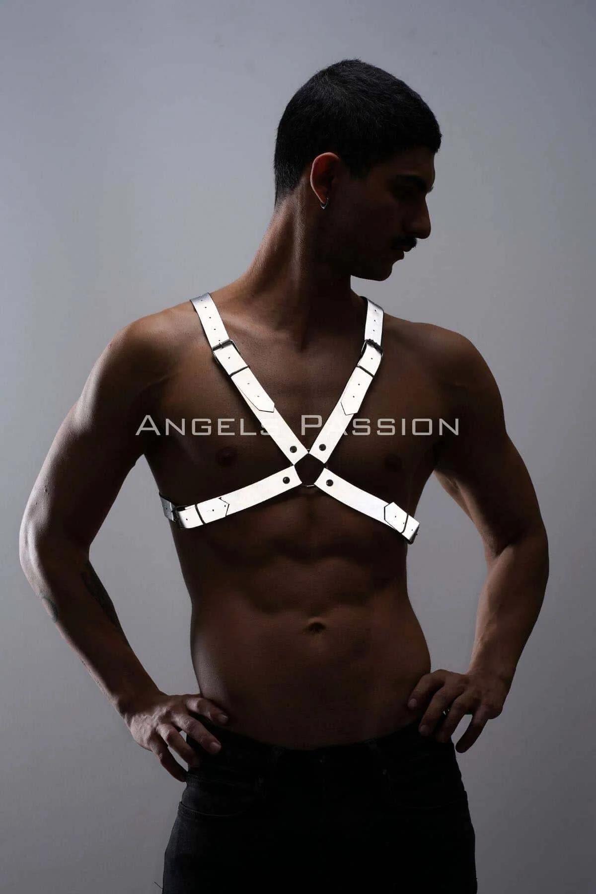 white reflective faux leather harness front view silver metal pin buckles close-up
