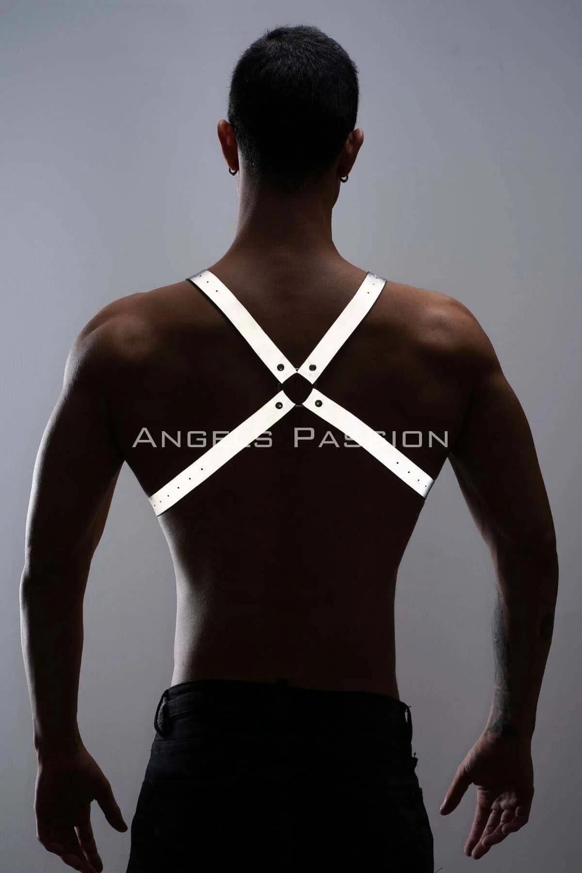 men wearing white reflective X-cross harness black trousers festival night outfit