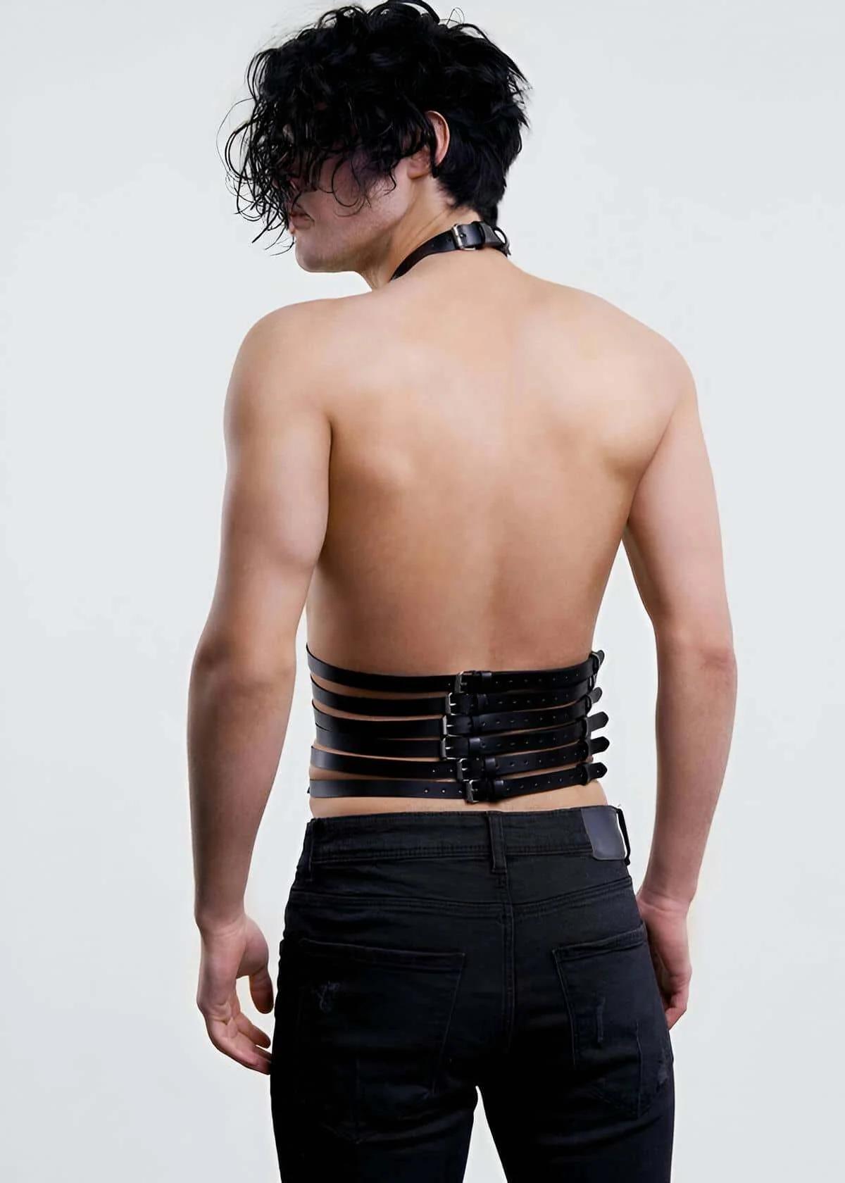 matte black PU harness waist cage close-up showing five horizontal straps and silver rivets