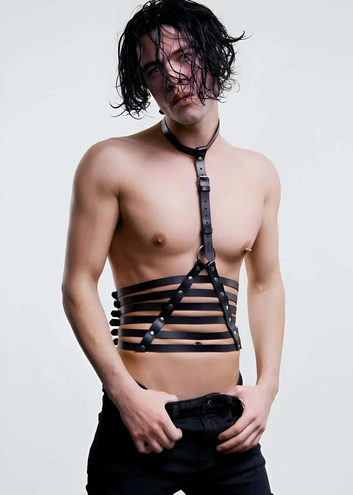 adjustable neck collar detail on black faux leather torso harness with diagonal chest strap