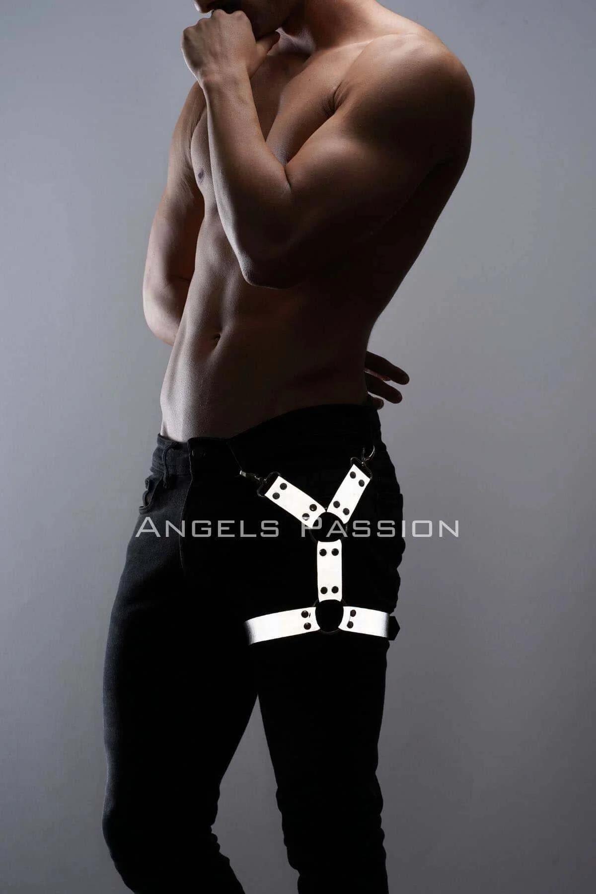 Y-shaped white leg harness strap showing rivet construction and snap-hook clip at waistband