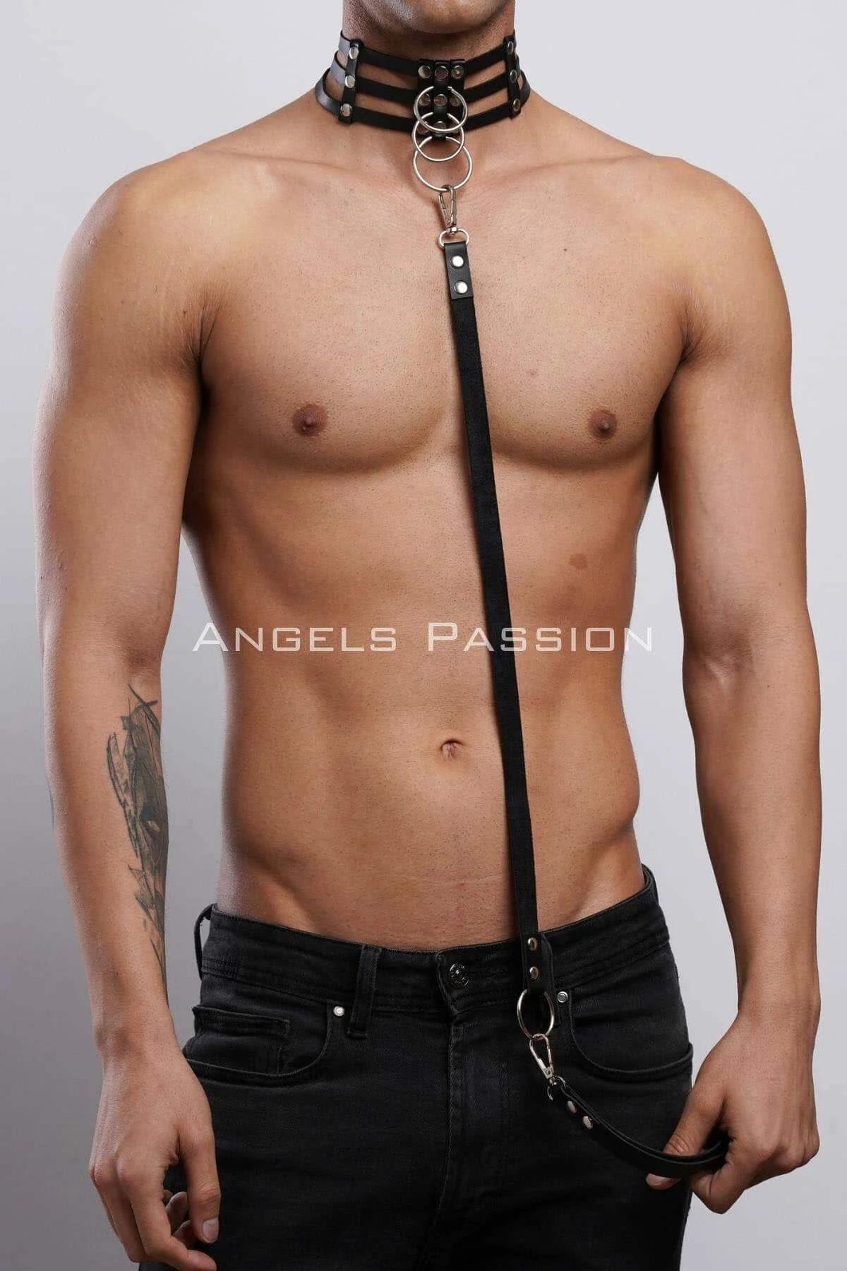 Back view of adjustable metal buckle closure on black triple-strap faux leather choker