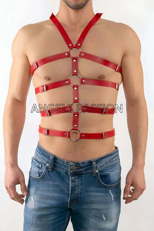 Red faux leather adjustable body harness with three silver O-rings and horizontal buckle straps on male torso
