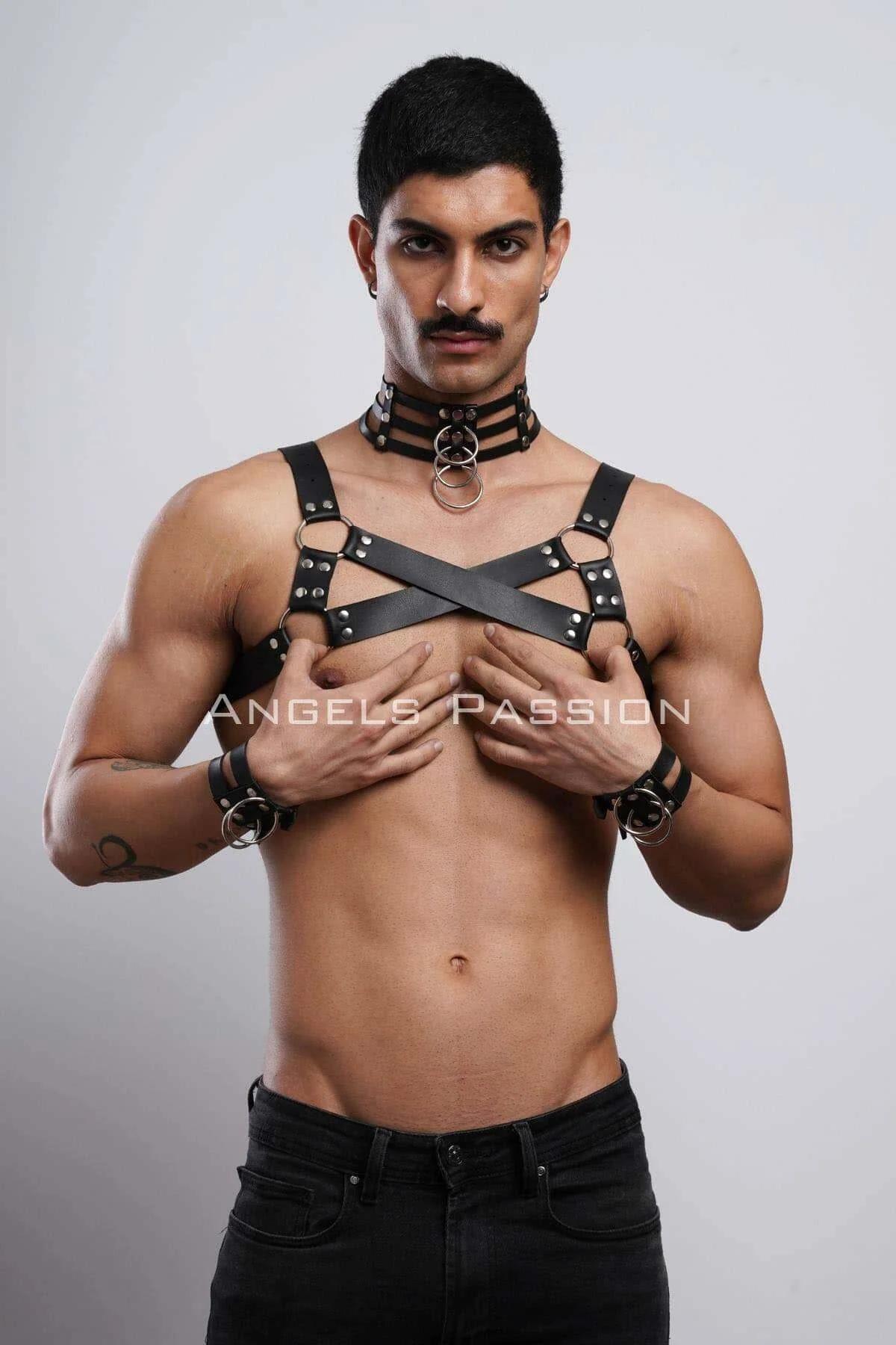 Black triple-band collar with hanging silver O-ring, front view on male model