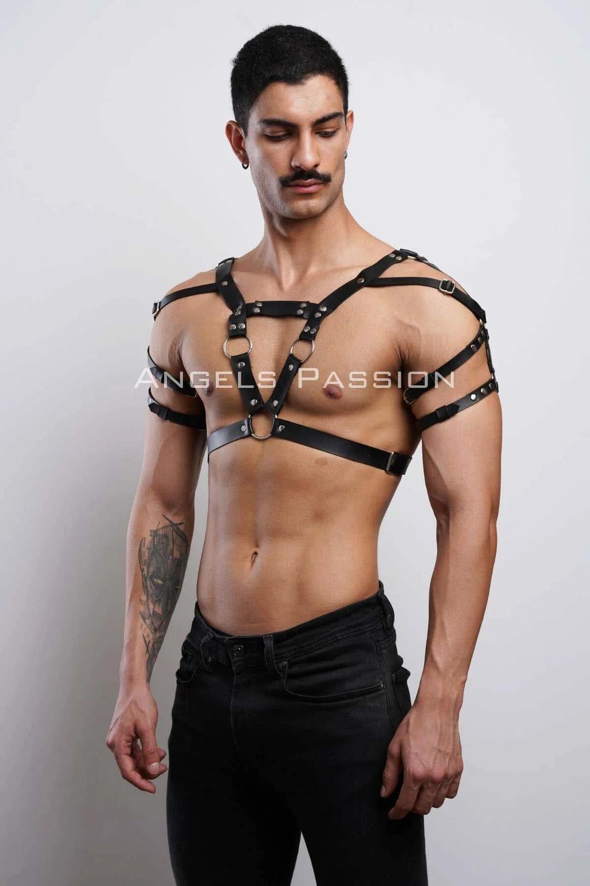 black PU leather chest harness dual o-rings silver slide adjusters close-up detail