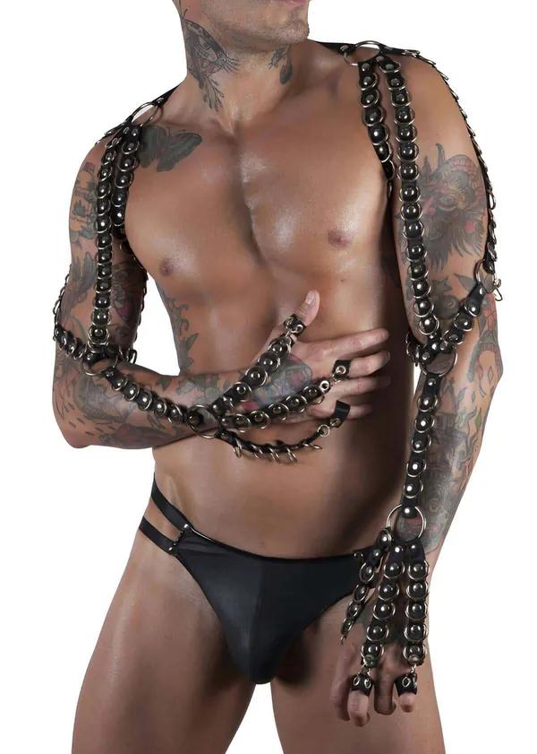 Black faux leather studded body harness with full arm gauntlets and silver O-rings on male model